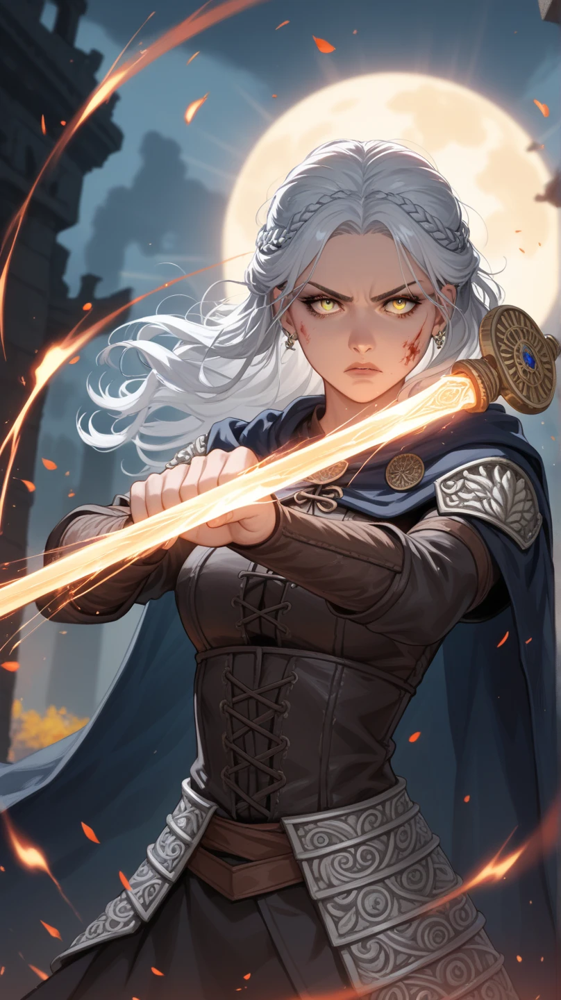 a woman with medium white hair and pale skin, wielding a flaming rapier in an epic pose, wearing a black cape, against an epic fantasy background, (best quality,4k,8k,highres,masterpiece:1.2),ultra-detailed,(realistic,photorealistic,photo-realistic:1.37),detailed eyes, detailed lips, extremely detailed face and eyes, long eyelashes, dynamic action pose, dramatic lighting, cinematic, vibrant colors, fantasy, concept art, A woman with medium white hair and pale skin, wearing a black cape, fighting with a flaming rapier in an epic pose, against an epic background, (best quality,4k,8k,highres,masterpiece:1.2),ultra-detailed,(realistic,photorealistic,photo-realistic:1.37),detailed eyes,detailed lips,extremely detailed face,long eyelashes,fantasy,cinematic lighting,dramatic shadows,vibrant colors,dynamic composition