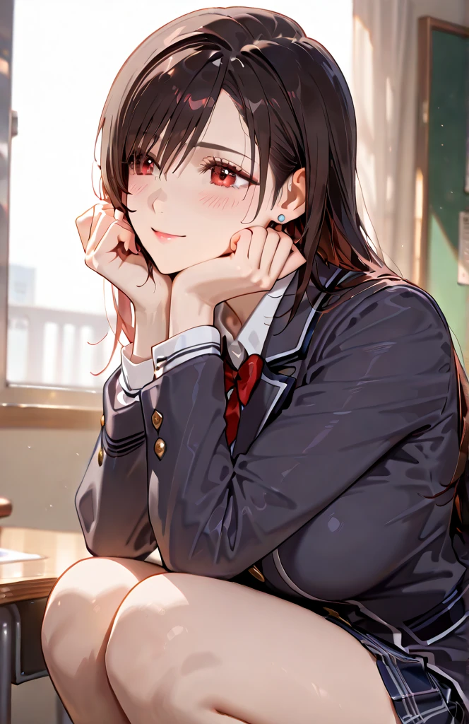 (masutepiece), Natural light, Photorealistic, Cameltoe, diffuse glow, depth of fields, big eye、Best Quality、profetional lighting、Top image quality、masterpiece、Top quality backdrop professional lighting、portlate、Asian Beauty、big eye、Mura genuine frame included、Black eyes、High school students、校服、Hairstyle Long、Brown hair、White shirt、a short skirt、Black Blazer、red necktie、Sitting on a chair、School Background、Smaller face、place both hands on the feet、
