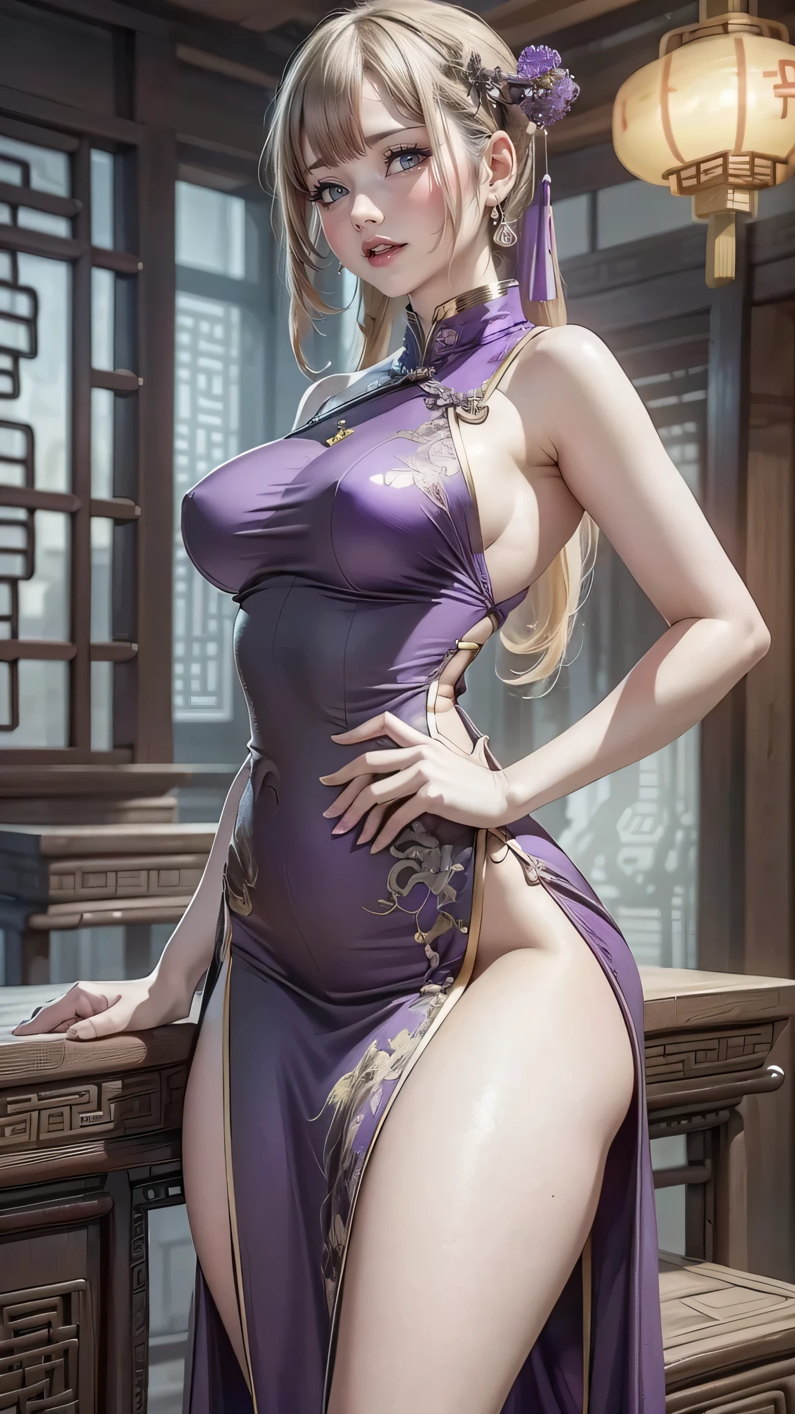 blond hairbl,Purple and gold cheongsam,Loli Girl,respectable,Immortal breath,Tsundere,No bra,did not wear panties,The eyes are slightly larger