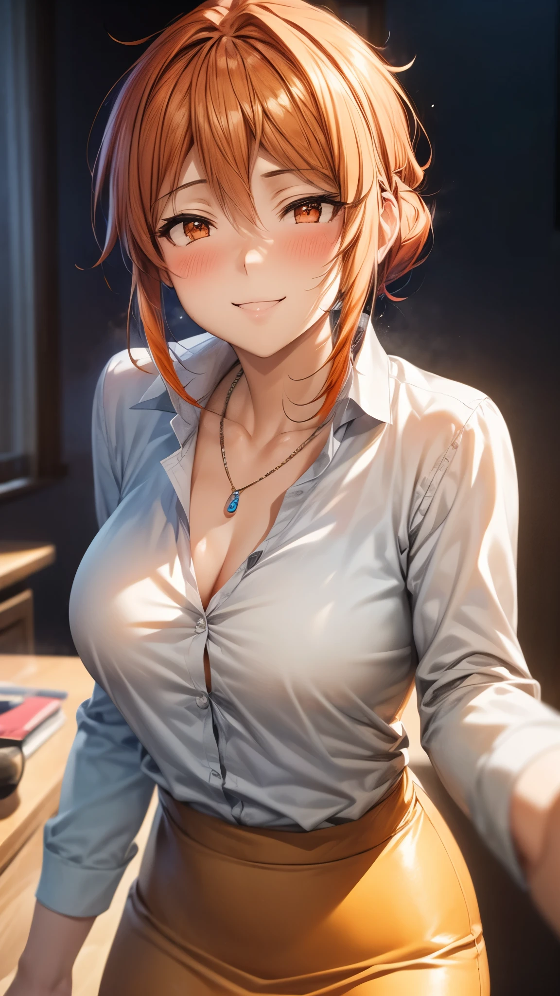 (Ultra High Quality,ultra high definition,16k,Super Masterpiece,Ultra HD ,detailed shading and background,)Photographing the upper body,Sexy Wife,Orange hair put together, white long sleeve shirt,Chest Valley,necklaces,pencil skirt,smile,blushes,living,Leaning forward greatly,