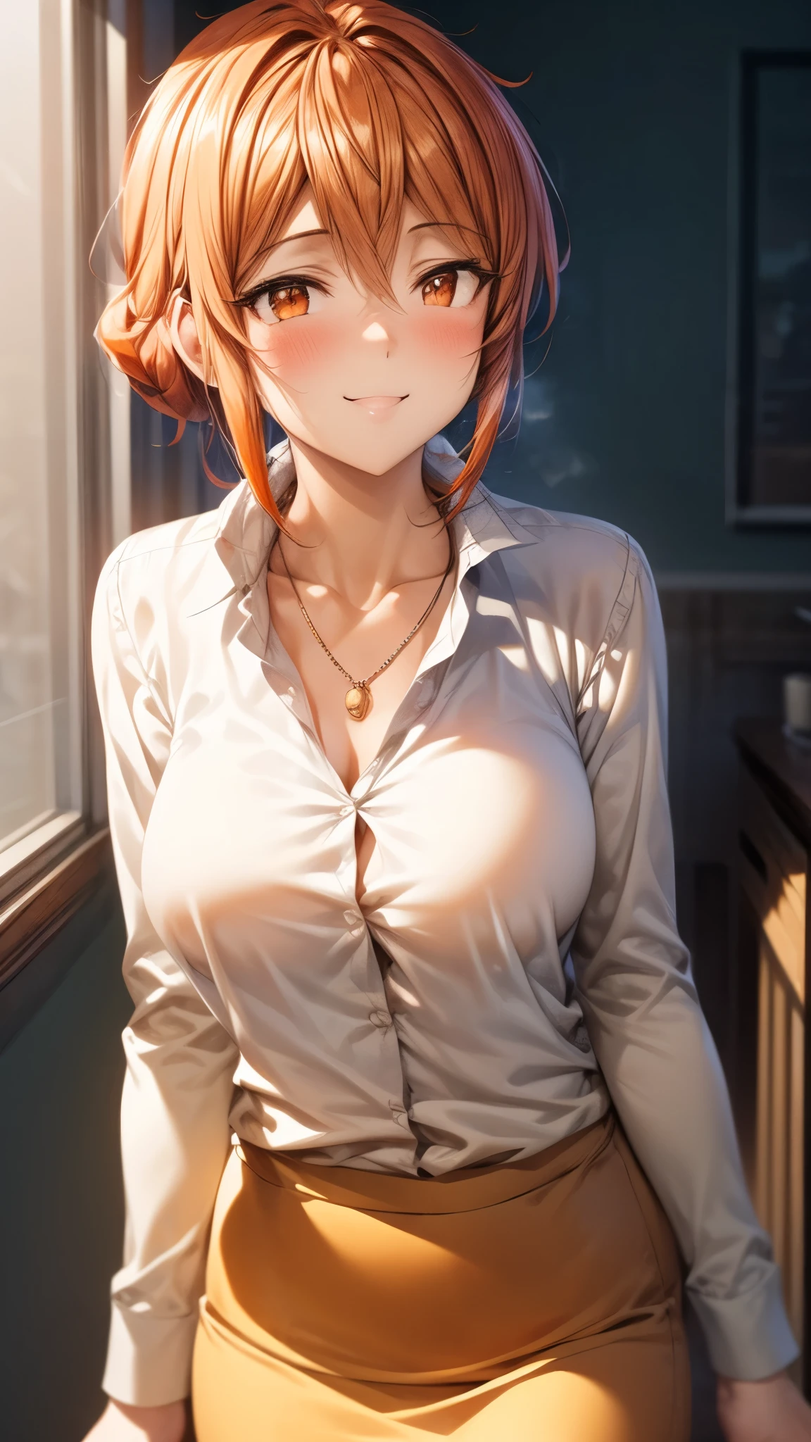 (Ultra High Quality,ultra high definition,16k,Super Masterpiece,Ultra HD ,detailed shading and background,)Photographing the upper body,Sexy Wife,Orange hair put together, white long sleeve shirt,Chest Valley,necklaces,pencil skirt,smile,blushes,living,Leaning forward greatly,