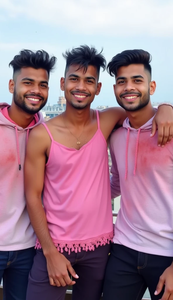 3 young handsome latin teens, musculosos, solo usan boxers, with a very large, long and erect bulge in the crotch, que esten sonriendo. Con tatuajes, kissing each other