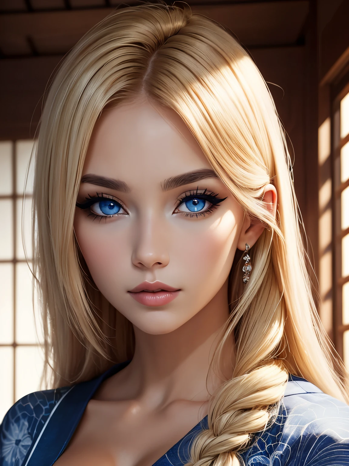 (best quality, masterpiece), 1girl, beautiful girl, Blue_eyes, ((hair color [blonde hair], [long layered] hair)), earrings, lips, short sleeves,realistic, narrow waist, charming, colorful makeup, long eyelashes, tanned skin, (cute), (detailed face), detailed eyes, detailed iris, 