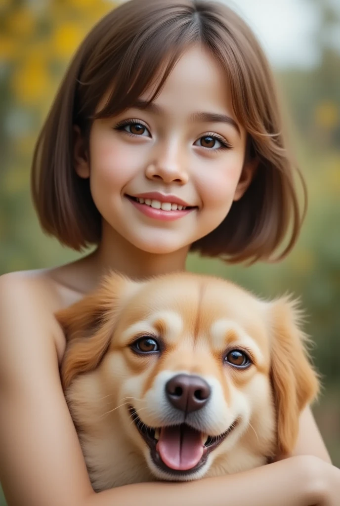 create a smiling girl with long hair, dark blonde, light brown skin, age 6 years old, disney style, in a garden with cute animals, playing with flowers