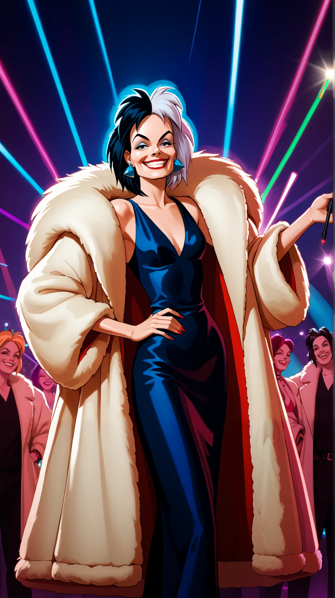 score_9, score_8, score_9, BREAK, cruella, multicolored hair, dress, fur coat, earrings, smirk, rave party, laser lights, natural lighting