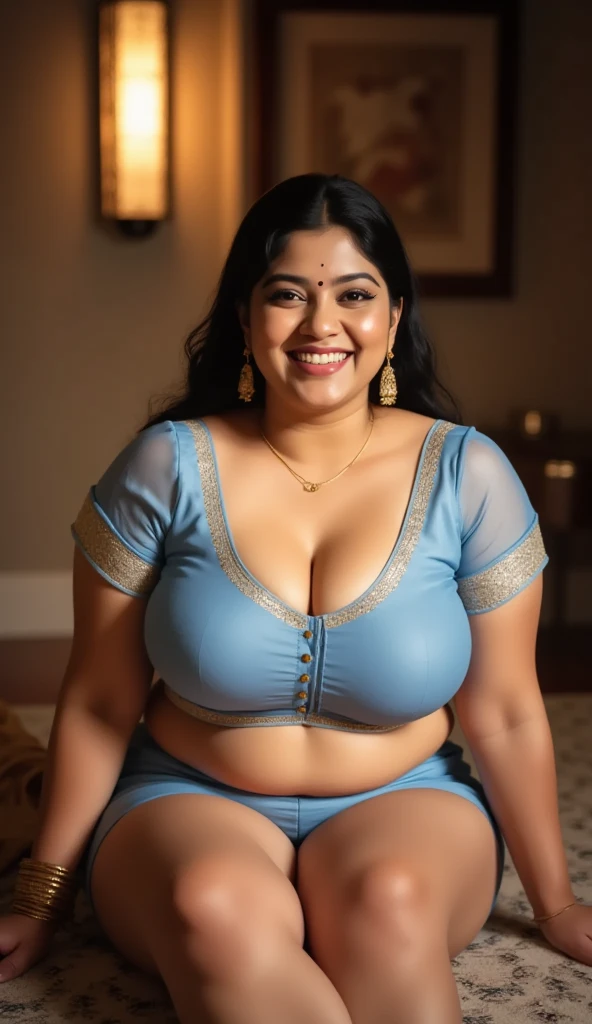 A beautiful gorgeous plump Indian 45-year-old woman wearing a saree , huge breasts, cleavage, hot body curves, laying on bed smiling and looking relaxed gorgeous