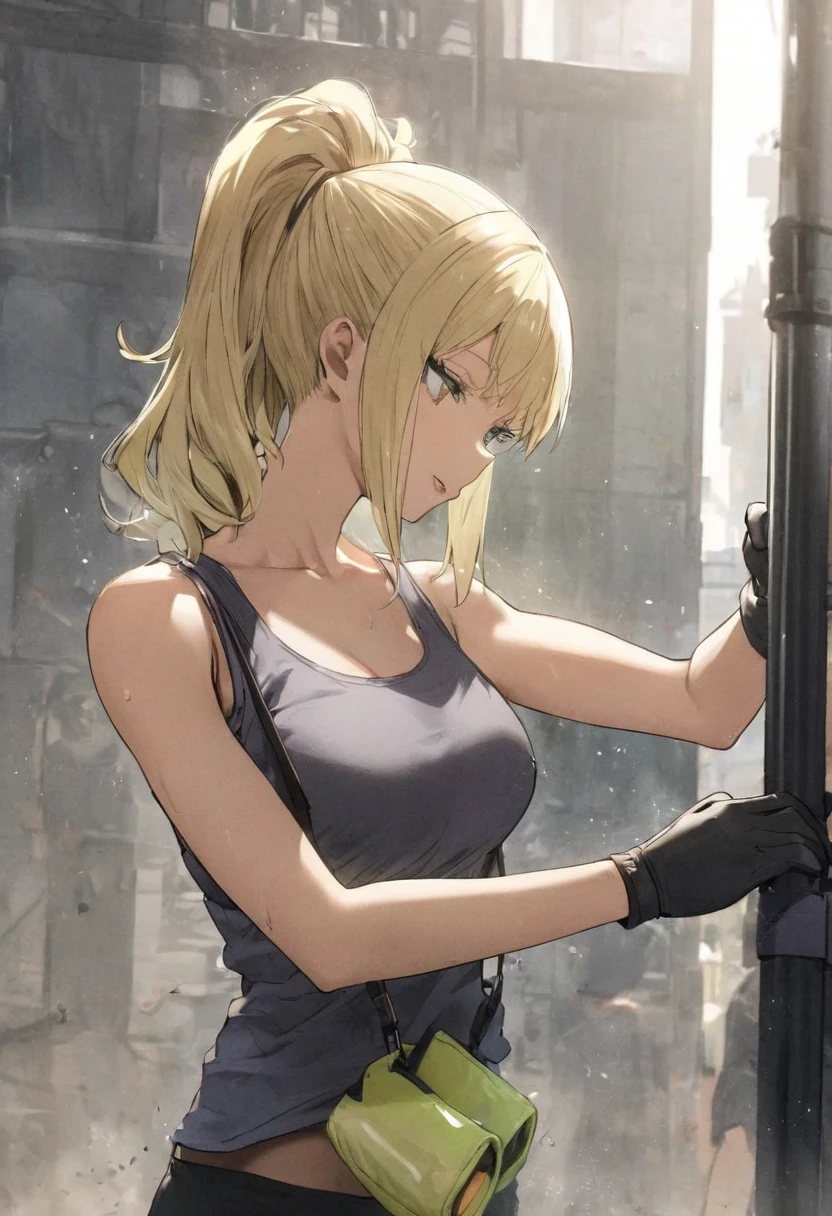 a woman in a bodystocking fights with a man who has ammunition hanging on his arm, a destroyed factory