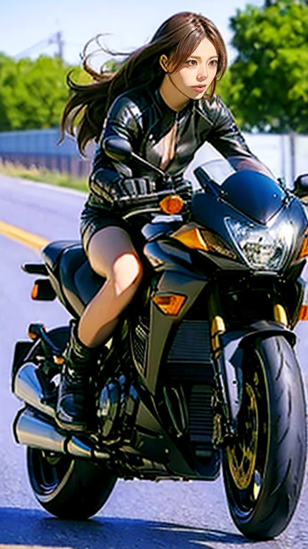 Highest quality、Realistic depiction、32k、Beautiful woman driving a motorcycle、tall。slim、Like the picture