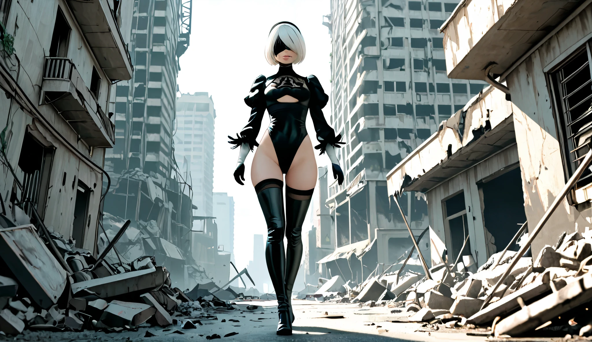 Nier Automata's 2B wearing a black and white micro leotard, and black latex high boots walking towards you through a city in ruins.