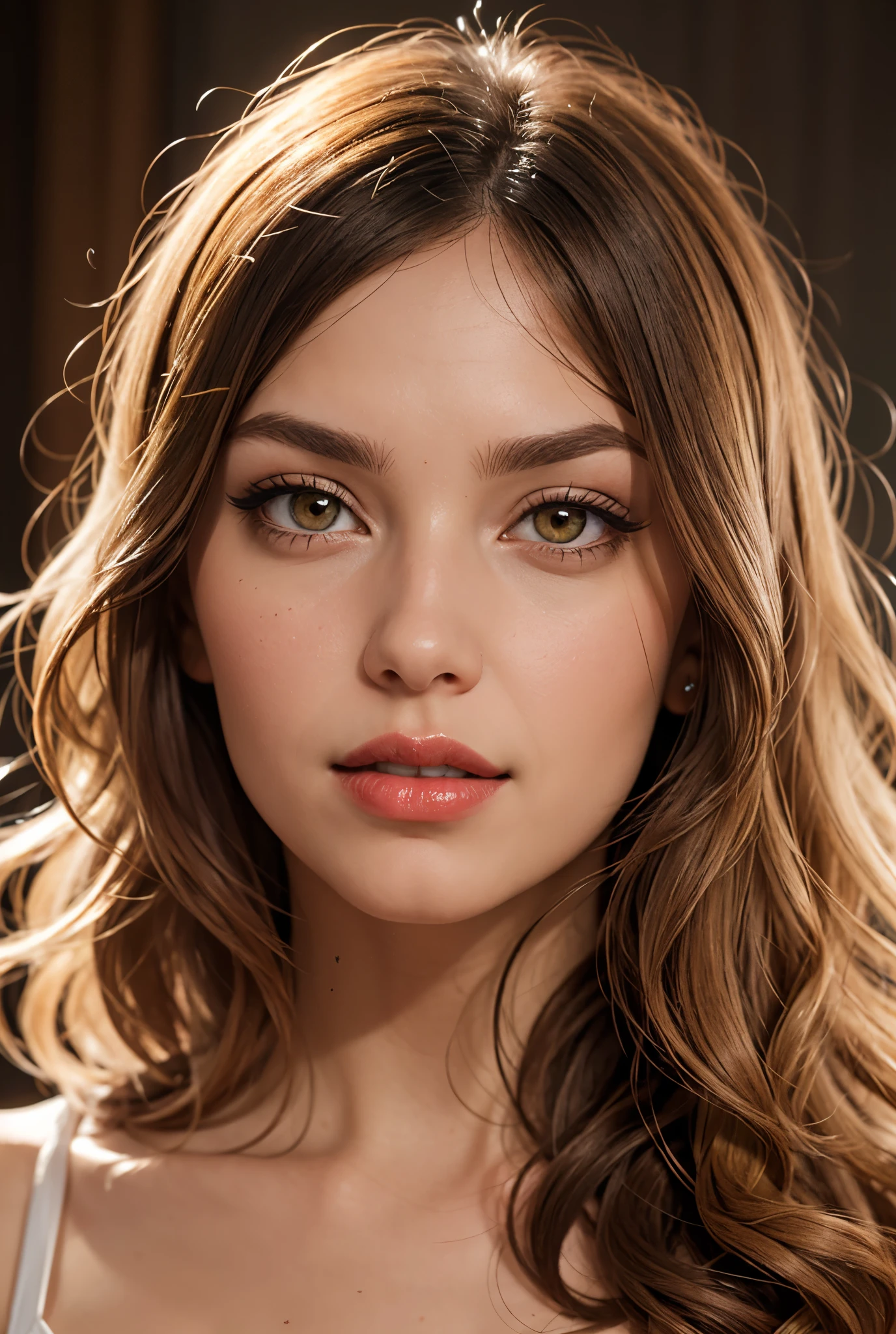 portrait, face only, long wavy hair, fringe, piel blanca, honey eyes, bump nose, red lips , detailed face, seductive look,