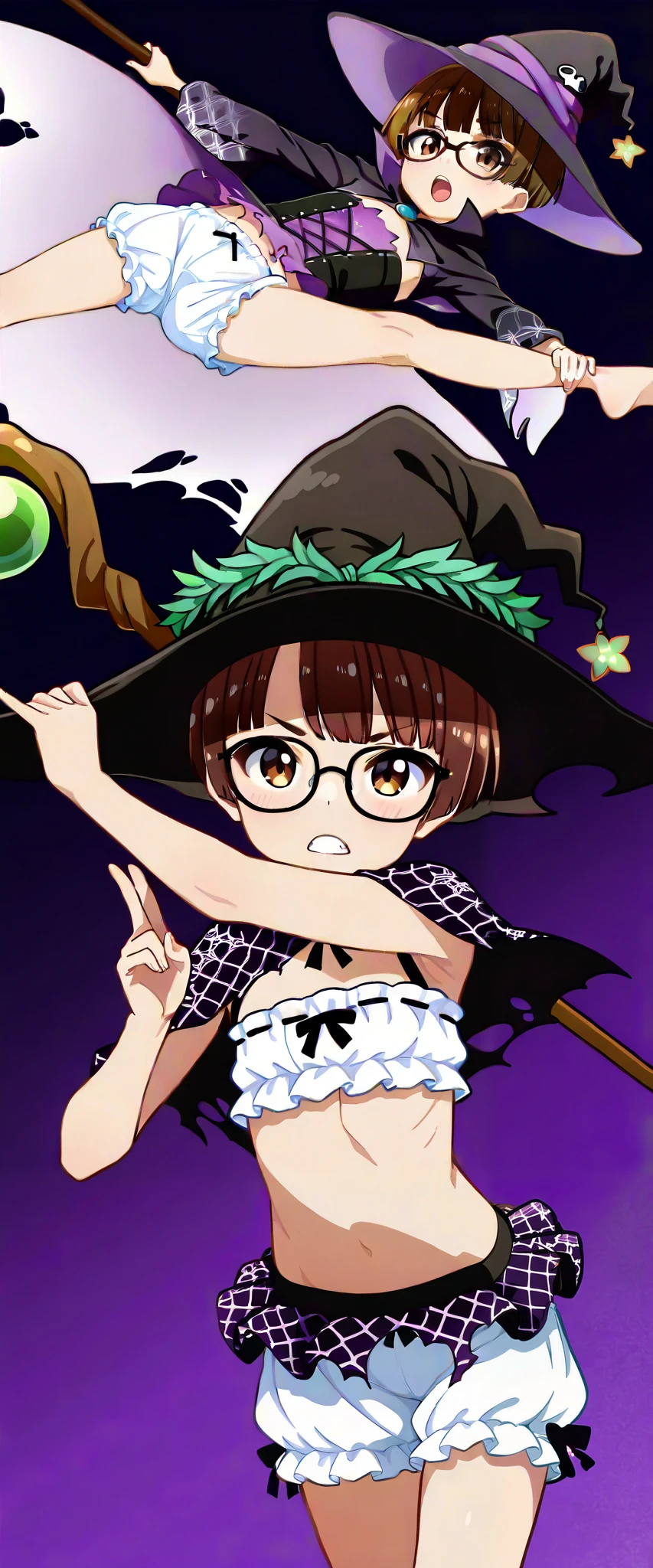 Maki, 1girl, solo, ponytail, bangs, muscles, ((witch dress and hat)), halloween, glowing eyes, smile, candy, night time, row of houses in background, perfect quality, good quality, masterpiece, HDR, UHD <lora:MakiOze:0.75>