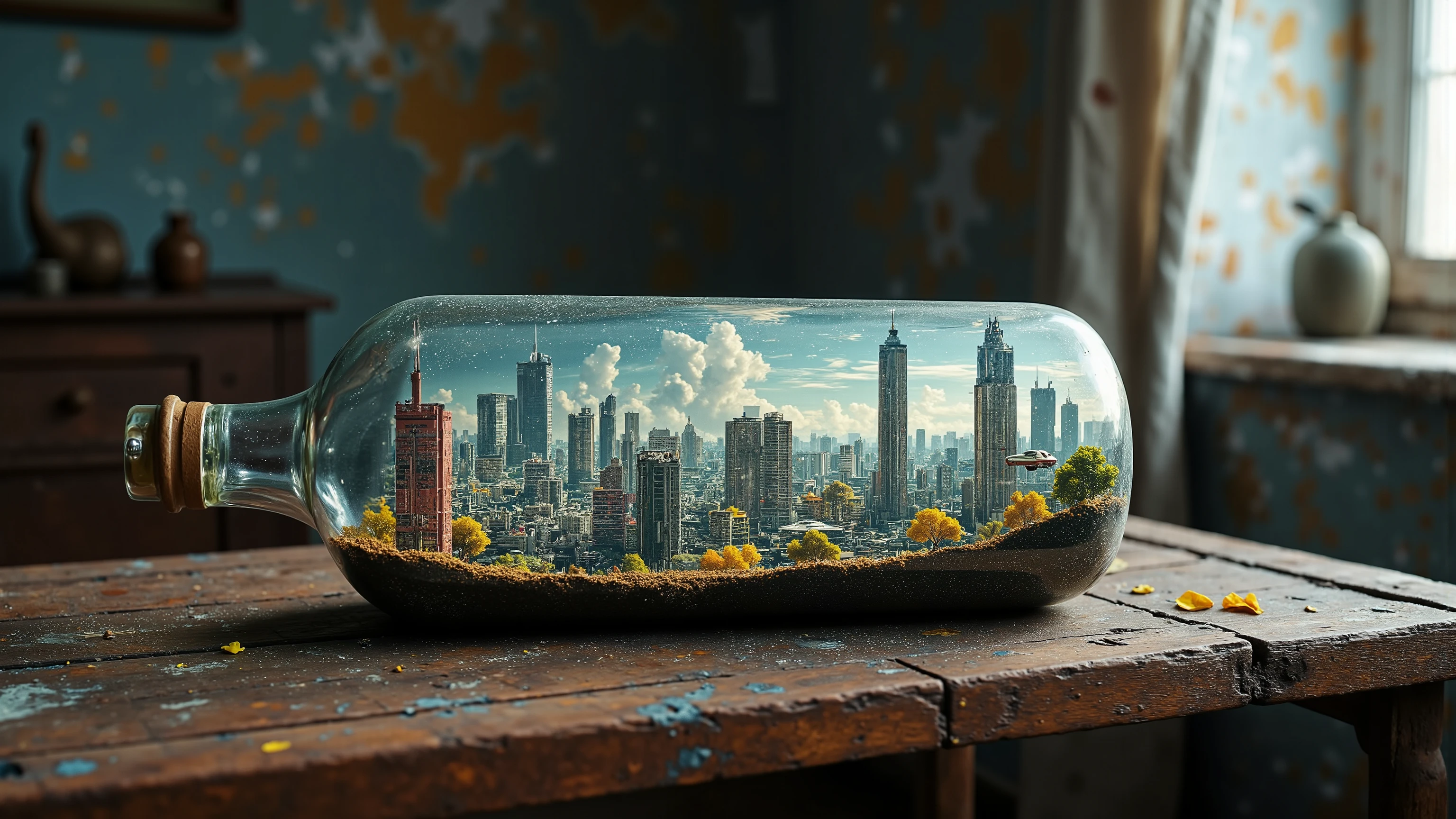 close-up photo, diorama, post apocalyptic landscape inside a bottle, sitting on an old oak table in a dusty room, natural light, ray tracing. A panoramic view of a futuristic urban landscape at dusk, featuring sleek, hovering vehicles zipping through neon-lit skyways. The cityscape is composed of towering glass and steel structures, with dynamic lighting creating a vibrant atmosphere. The composition captures a sense of motion and innovation, with the vehicles in mid-air, casting reflections on the smooth, reflective surfaces of the buildings. The overall scene is bathed in a cool, futuristic glow, emphasizing the advanced technology and modern design of the city. ray tracing, UHD, 16k, DSLR, masterpiece, photorealistic, award-winning
