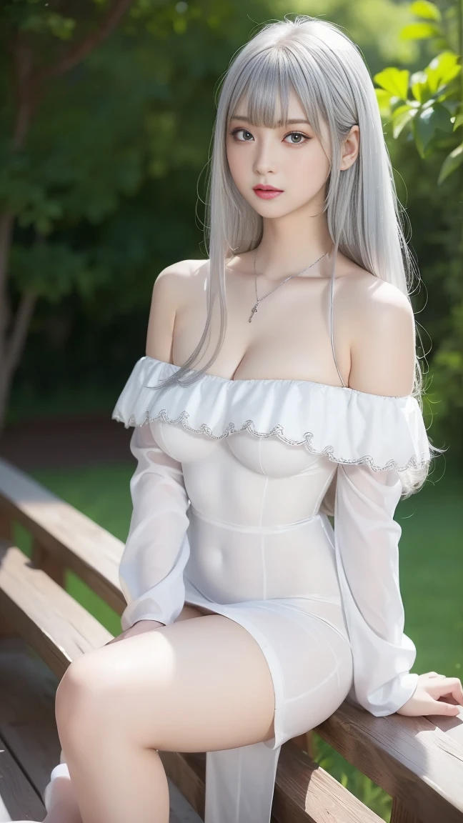 Height: 170cm、Bust 90cm、Waist 57cm、Hips 88cm、Big eyes、blue eyes、Beautiful waistline、Pretty girl、20-year-old、White sheer leotard、Naughty pose、Silver Hair、９Head to Body、smile、Straight perm