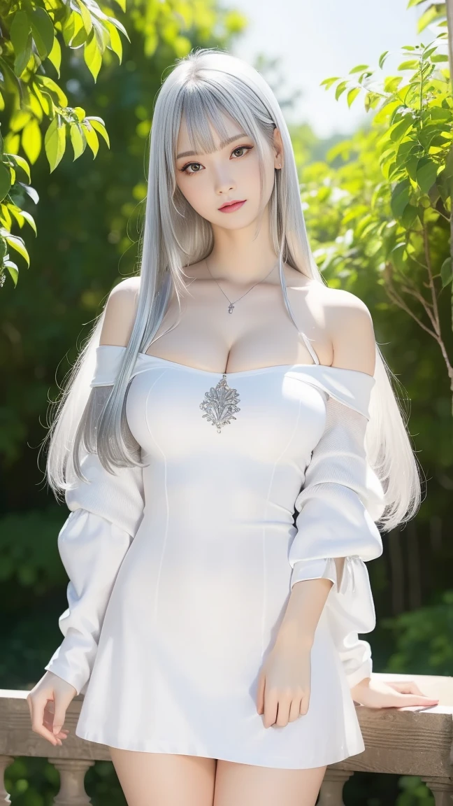 (8k), (best quality), (masterpiece:1.2), (realistic), (photorealistic:1.37), super detailed, ,2girls, cute, smile, green plants, beautiful detailed eyes, beautiful detailed nose, full body, huge breasts, dalcefo, Pigsney, woman, white hair, white stockings,