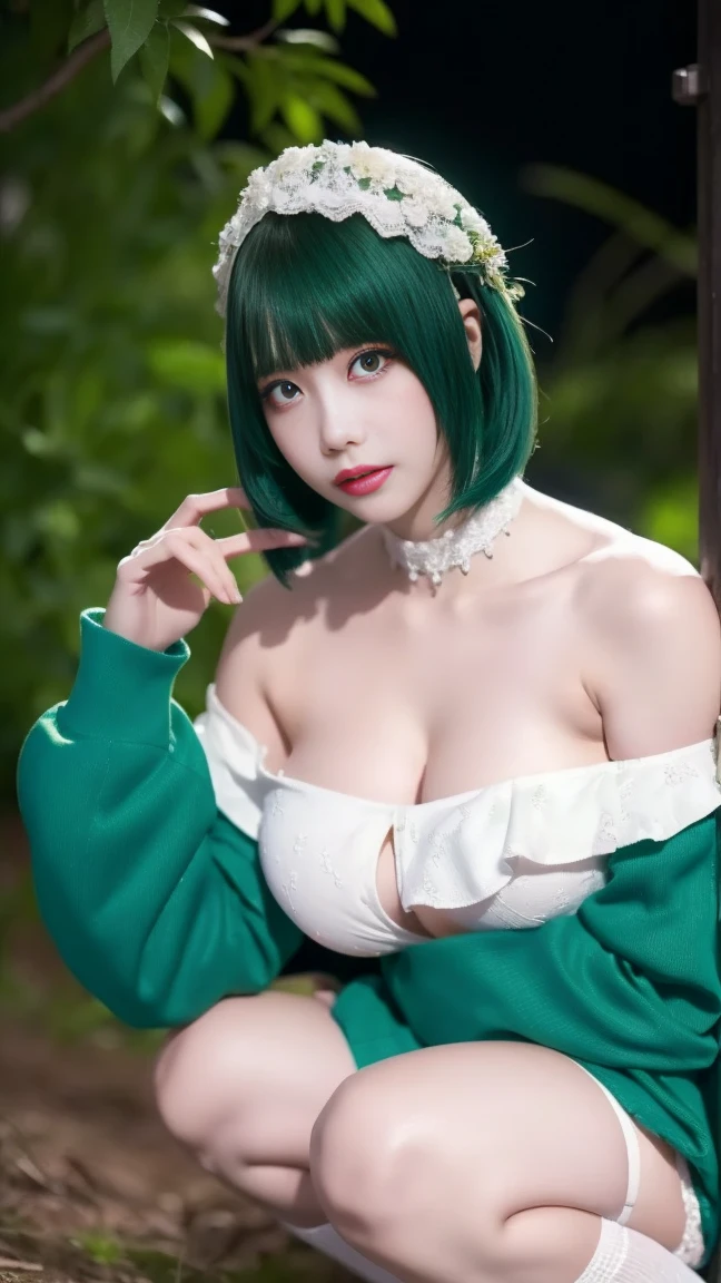 1 girl, Tatsumaki, black dress, long sleeves, green fur, green eyeball, short hair, Curly hair, realist, ultradetalle, 70mm lens, tanga visible, breasts marked by the dress, marked nipples