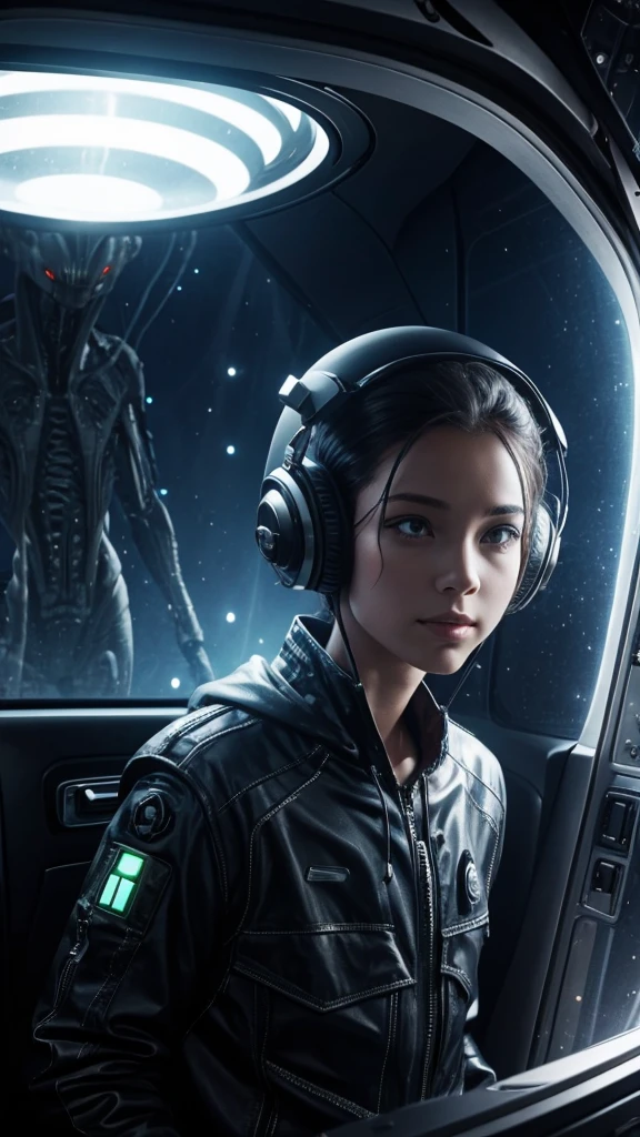 In the stillness of the night, the astronaut lies crushed beneath the remnants of an ancient building, her helmet shattered, glass splinters and cracks jutting out like jagged teeth. Deep wounds mar her face, smudged with dirt and grime. Her eyes, ultra photo-realistic and symmetrically pupilled, gaze into the infinite void with a look of abject horror. The suit surrounding her body is tattered and torn, revealing the damaged layers beneath. Oxygen levels dwindle, time slipping away as she waits for the rescuers who are on their way. The scene is bathed in a cinematic dim light, illuminated by the occasional spotlight