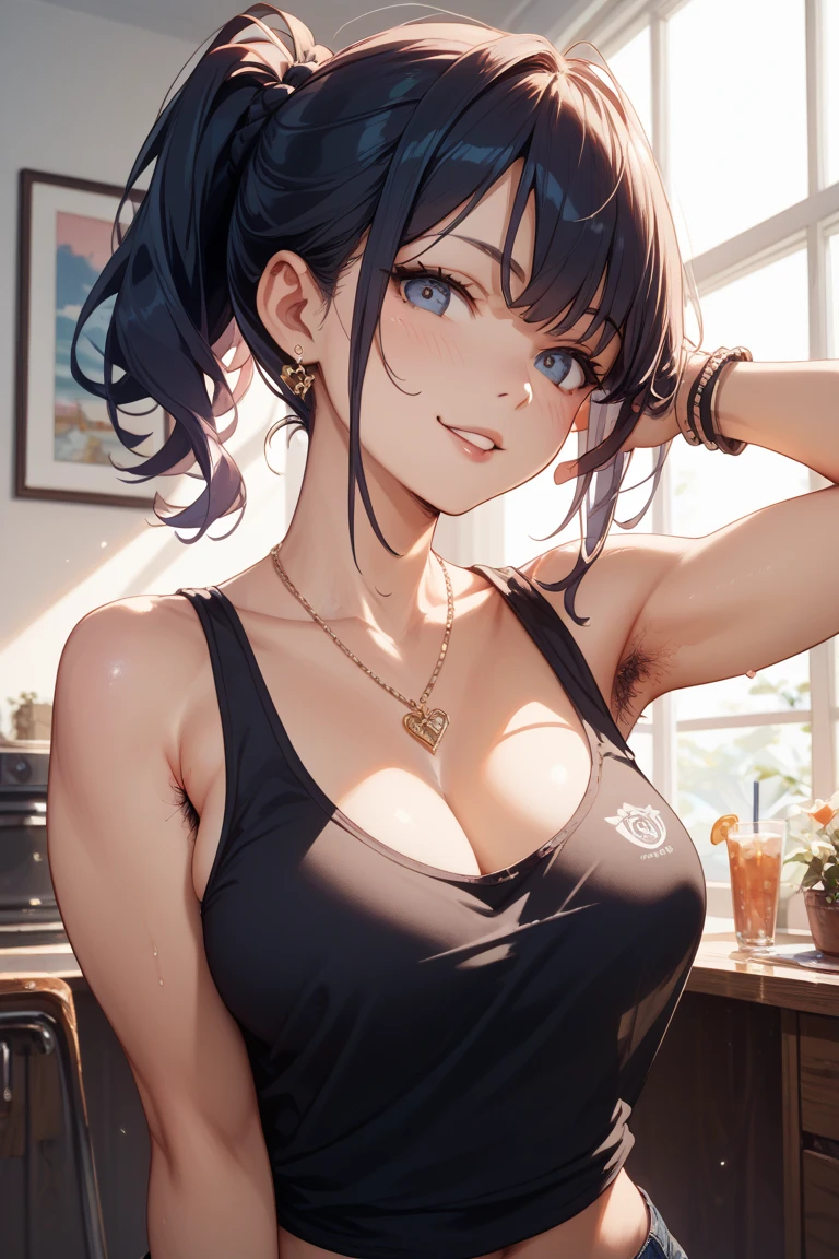 (high quality, 8k, 4K, High Contrast, masterpiece:1.2, 最high quality, Best aesthetics), , Sports Bra, Very detailed, Seductive and erotic girl, smile, (Normal milk, Silver fur), Focus on the face, Focus on the face, Complex eyes,, laced , coffee shop, Ground angle shot, Viewers looking up, shorts, Open-chested clothing,Black Hair,Black underwear