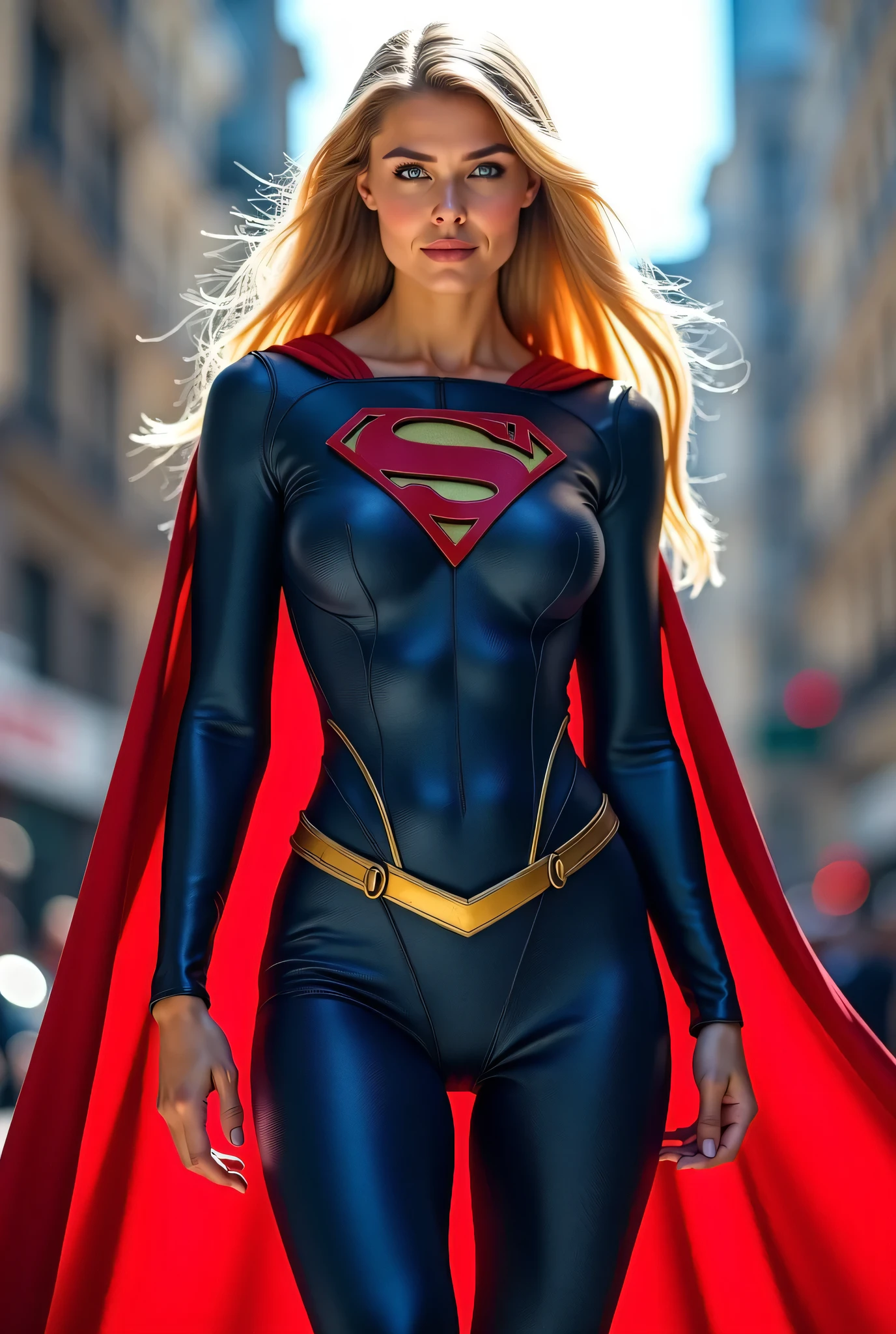 ((masterpiece, 8K, 3D, Realistic, Super Detail)), (1girl:1.3), slender 17 age, Ultra Micro photography, Super realistic, Perfect face, Beautiful features, ((Perfect female body)) Beautiful features, ( body), ((small hip)), Vanessa Kirby as Supergirl ((Exposed thigh)), Exposed Skin, Front Full body Shot, full body portrait, futuristic city background