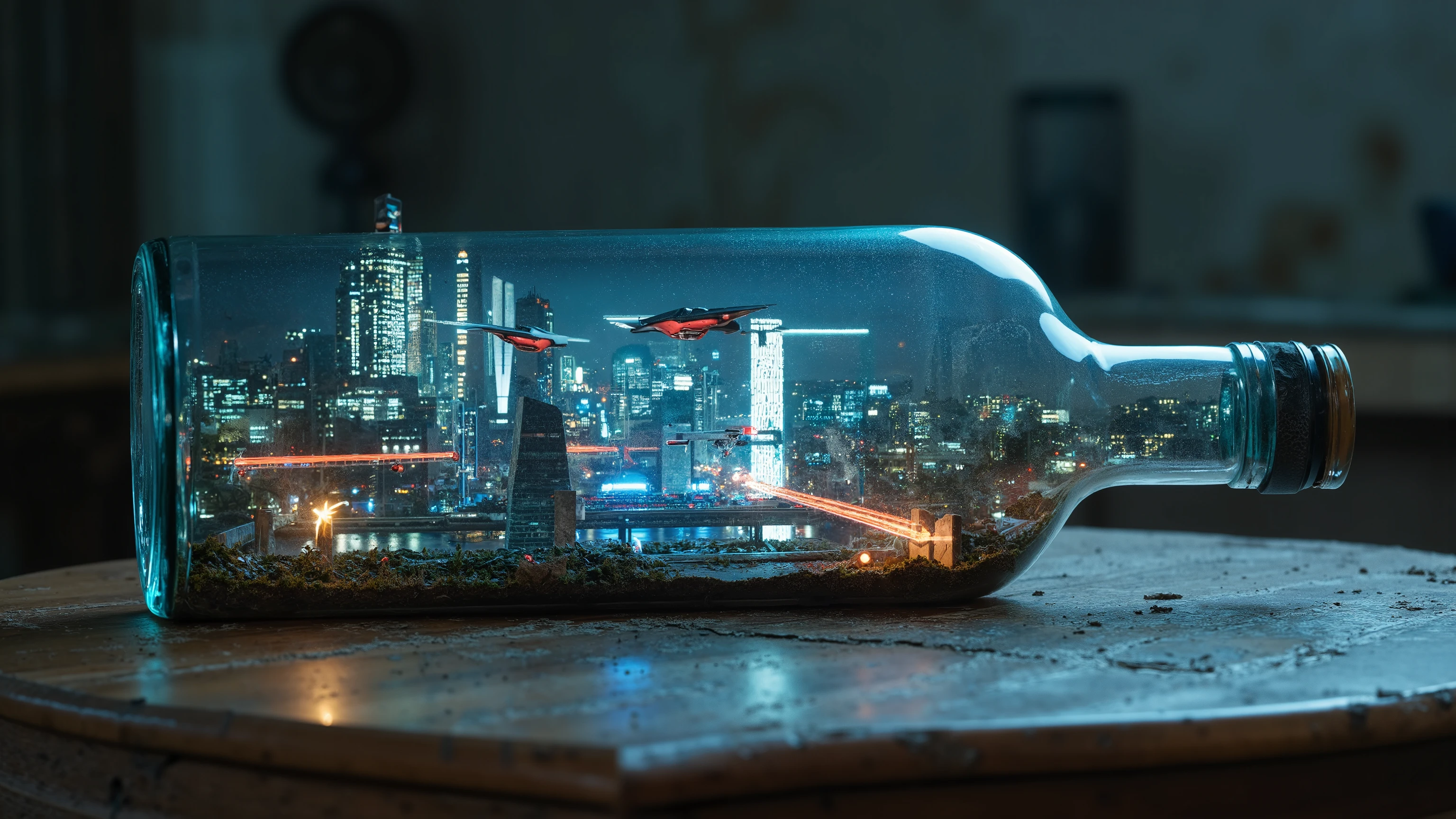 close-up photo, diorama, post apocalyptic landscape inside a bottle, sitting on an old oak table in a dusty room, natural light, ray tracing. A panoramic view of a futuristic urban landscape at dusk, featuring sleek, hovering vehicles zipping through neon-lit skyways. The cityscape is composed of towering glass and steel structures, with dynamic lighting creating a vibrant atmosphere. The composition captures a sense of motion and innovation, with the vehicles in mid-air, casting reflections on the smooth, reflective surfaces of the buildings. The overall scene is bathed in a cool, futuristic glow, emphasizing the advanced technology and modern design of the city. ray tracing, UHD, 16k, DSLR, masterpiece, photorealistic, award-winning