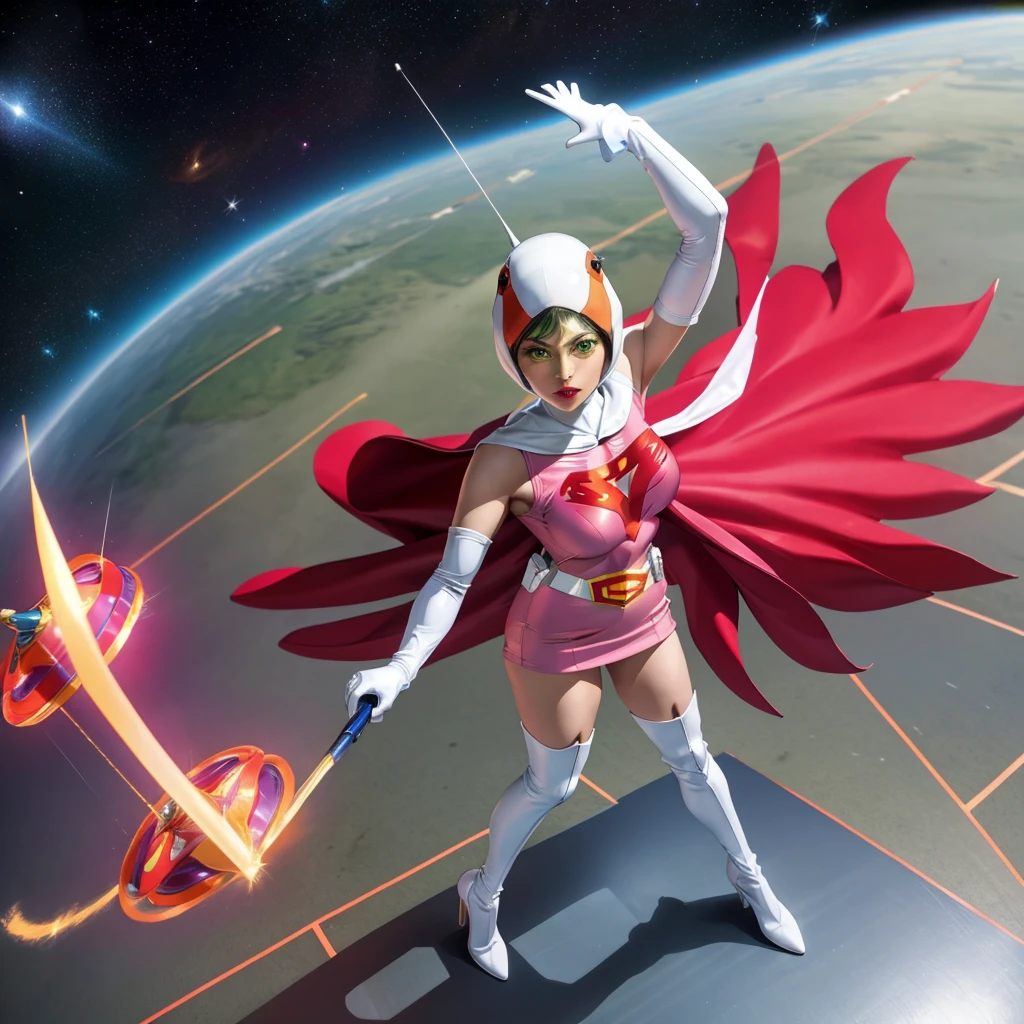 ANI_CLASSIC_jun_gatchaman_ownwaifu,1girl, 15 years old,good anatomy, masterpiece, best quality,realistic, hyperrealistic, 16k hdr,breasts,green eyes,lips,large breasts,lipstick,makeup,gloves,cape,helmet,belt,elbow gloves,white gloves,mask,ultra miniskirt,leotard,spacesuit,white tight overknee highheels boots,pink dress,superhero,bodysuit,cleavage,erected nipples,((standing pose,spread legs, arms up straight)),cameltoe