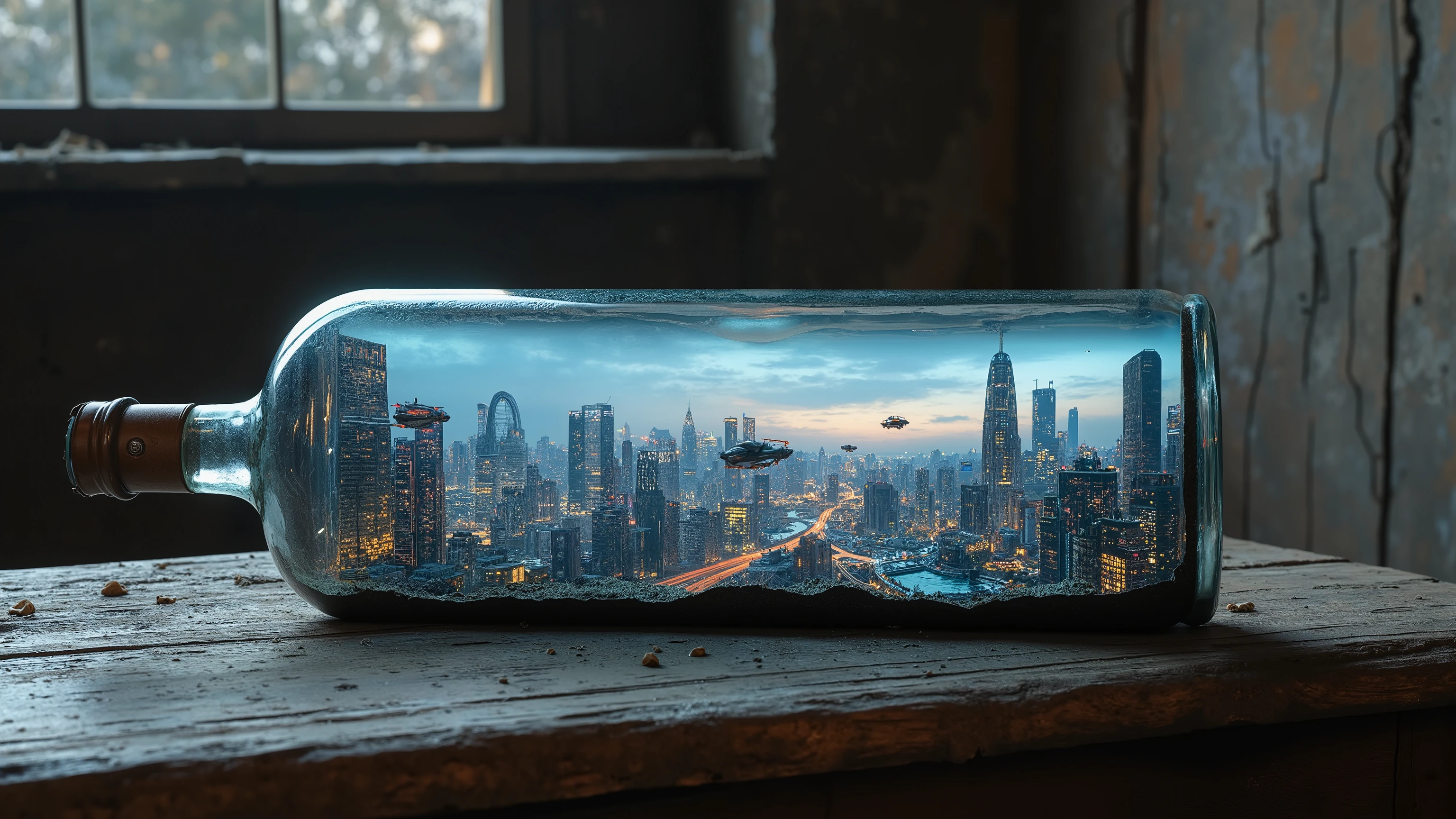 close-up photo, diorama, post apocalyptic landscape inside a bottle, sitting on an old oak table in a dusty room, natural light, ray tracing. A panoramic view of a futuristic urban landscape at dusk, featuring sleek, hovering vehicles zipping through neon-lit skyways. The cityscape is composed of towering glass and steel structures, with dynamic lighting creating a vibrant atmosphere. The composition captures a sense of motion and innovation, with the vehicles in mid-air, casting reflections on the smooth, reflective surfaces of the buildings. The overall scene is bathed in a cool, futuristic glow, emphasizing the advanced technology and modern design of the city. ray tracing, UHD, 16k, DSLR, masterpiece, photorealistic, award-winning