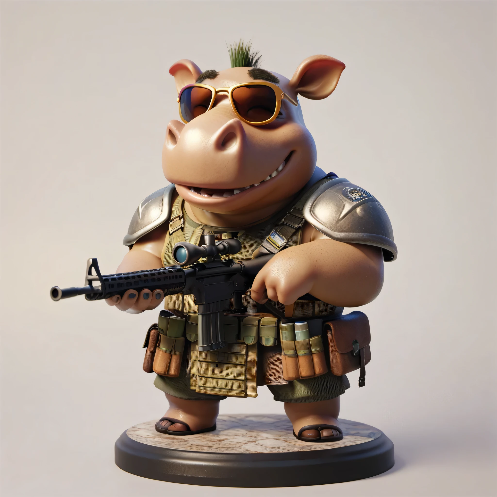 Hippopotamus，armor，sunglasses，Intimidation，full body，Kind Face，Sniper