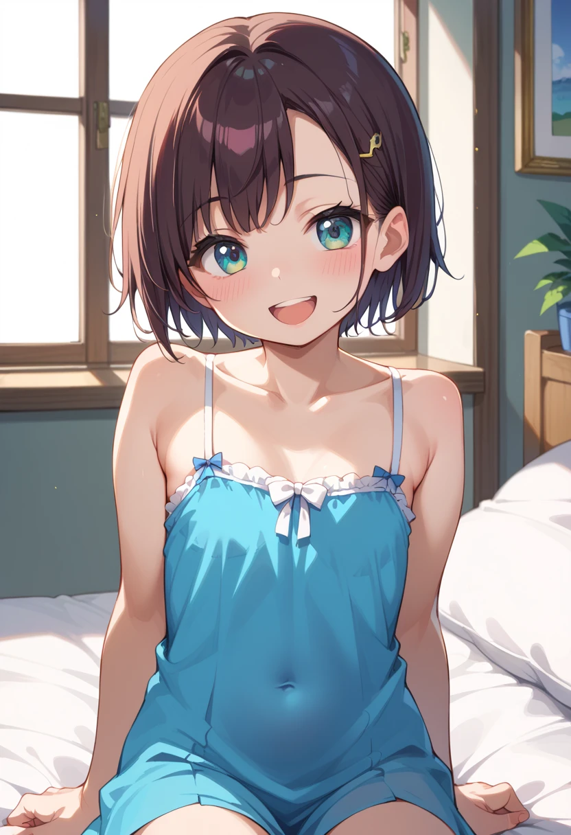 ,,(petite), 1girl, looking at viewer, , ,,,flat chest,(smile),,perfect lighting,perfect shadow,,my room,miniskirt,socks,camisole,off shoulder