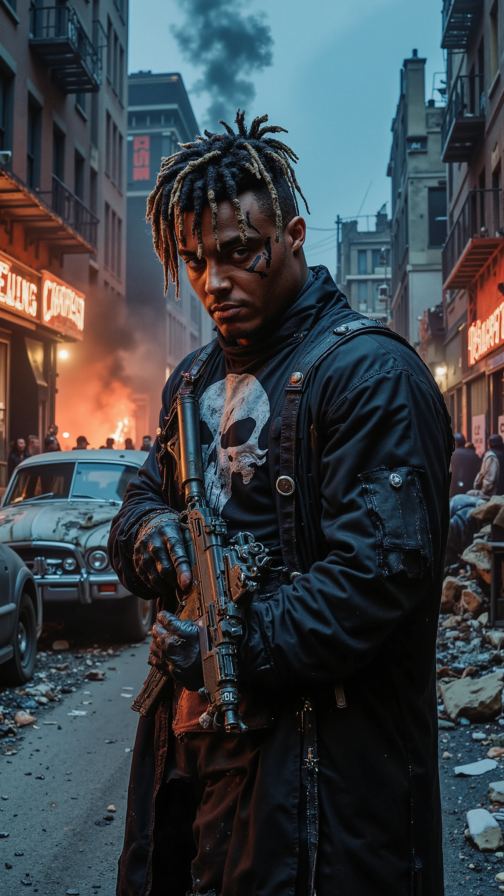 A cinematic close-up scene from a Punisher film, featuring a dark and intense version of Frank Castle portrayed by Juice WRLD. He is dressed in a tactical black combat suit with a worn-out white skull emblem on his chest, layered with a bulletproof vest, heavy-duty gloves, and a long black trench coat with tattered edges. His dreadlocked hair is slightly disheveled, falling over his intense, battle-hardened face, which is partially shadowed under the dim lighting. He has dark war paint streaked across his cheeks, and his eyes show a deep, unwavering determination.
He is captured in a combat-ready stance, gripping a modified assault rifle in one hand and a sleek, silver-plated pistol in the other, his fingers tense on the trigger. His posture exudes raw aggression and street-honed resilience, as if he's moments away from striking down his enemies.
The setting is a gritty urban warzone, a desolate alley filled with wrecked cars, bullet-riddled walls, and flickering neon signs from abandoned buildings. A distant fire burns, casting an eerie orange glow against the shadows. The air is thick with tension, faint smoke rising from the wreckage.
The lighting is high-contrast and cinematic, reminiscent of 1980s VHS crime thrillers, with grainy textures and a dim, bluish tint. The shot is framed as if it were captured on a vintage film camera, with HDR depth and dramatic shadows emphasizing his figure. The DVD screengrab effect from an 80s action movie adds to the retro aesthetic.
In the background, shadowy figures lurk behind the neon haze, silhouettes of criminals waiting to strike, but Castle remains unshaken. The ground is cracked asphalt, littered with shell casings and shattered glass, while the walls are grimy, covered in faded graffiti and bullet holes, telling the story of a never-ending war.
The Punisher, dark, neo-noir, cinematic, hyper-realistic, gritty 80s action film aesthetic.