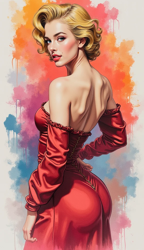 redhead model with tattoos wearing a short red dress with blue eyes on a busy street realist