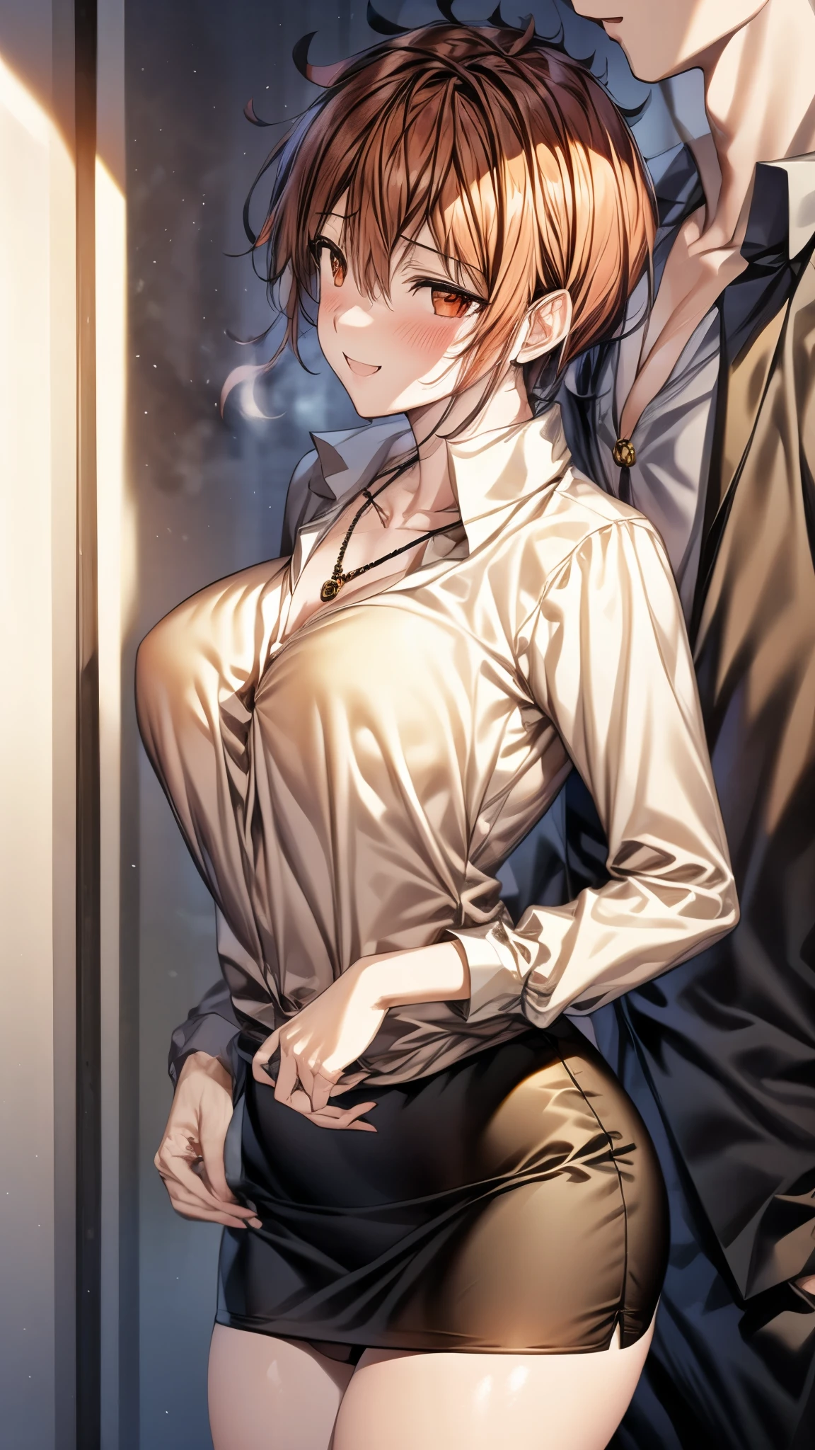 (Ultra High Quality,ultra high definition,16k,Super Masterpiece,Ultra HD ,detailed shading and background,)Sexy Wife,Orange hair put together,sexy white long sleeve shirt,Chest Valley,necklaces,pencil skirt,smile,blushes, legs spread wide ,black panties,Kissing a man,