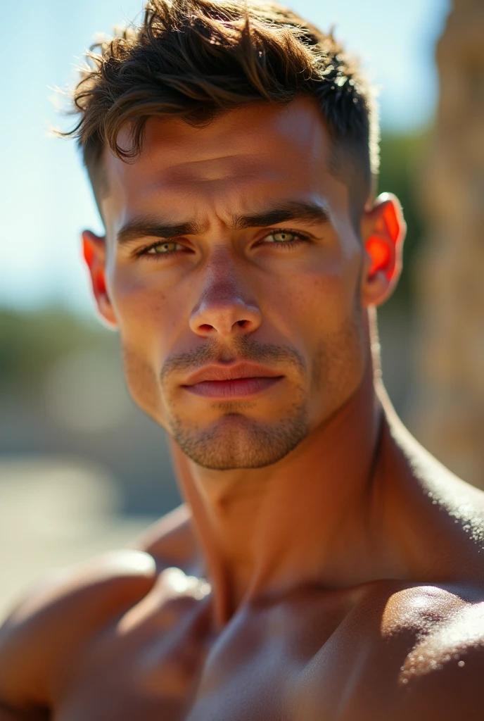 full frame, Close portrait, cute, male model, Herculean male, taupe clear skin, auburn buzzcut hair, heterochromia eyes, (skin texture), skin pores, shallow depth of field, sharp eye focus, backlit, handsome as man