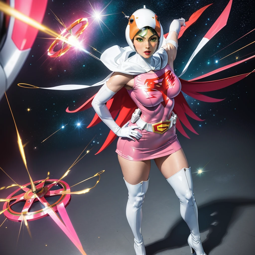 ANI_CLASSIC_jun_gatchaman_ownwaifu,1girl, ,good anatomy, masterpiece, best quality,realistic, hyper realistic, 16k hdr, long hair,breasts,lips,large breasts,lipstick,makeup,gloves,cape,helmet,belt,elbow gloves,white gloves,mask,ultra miniskirt,leotard,spacesuit,white tight overknee highheels boots,pink dress,superhero,bodysuit,cleavage,erected nipples,(stand pose,hands on hip),(spread legs:1.1),cameltoe