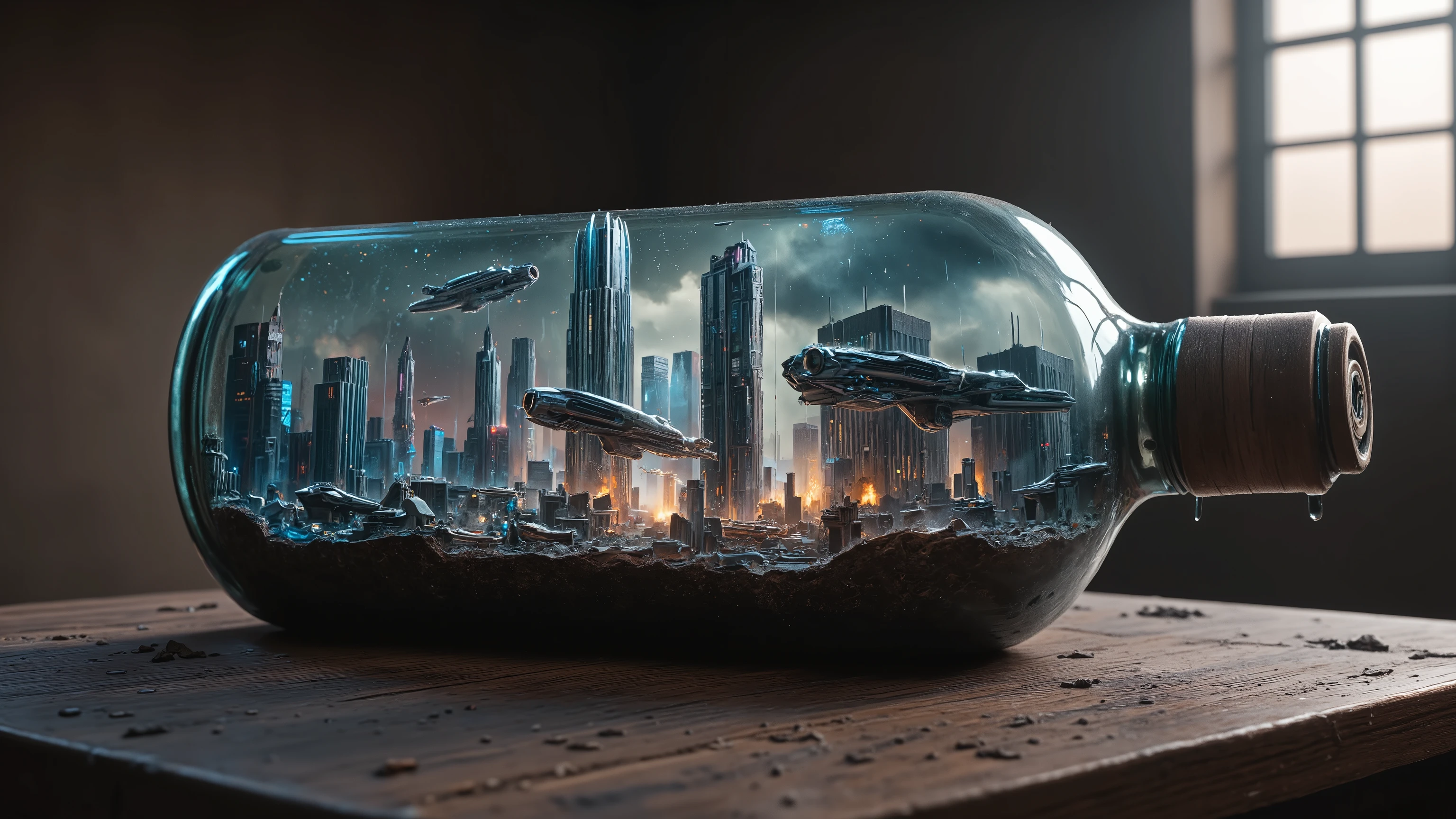 close-up photo, diorama, post apocalyptic landscape inside a bottle, sitting on an old oak table in a dusty room, natural light, ray tracing. A panoramic view of a futuristic urban landscape at dusk, featuring sleek, hovering vehicles zipping through neon-lit skyways. The cityscape is composed of towering glass and steel structures, with dynamic lighting creating a vibrant atmosphere. The composition captures a sense of motion and innovation, with the vehicles in mid-air, casting reflections on the smooth, reflective surfaces of the buildings. The overall scene is bathed in a cool, futuristic glow, emphasizing the advanced technology and modern design of the city. ray tracing, UHD, 16k, DSLR, masterpiece, photorealistic, award-winning