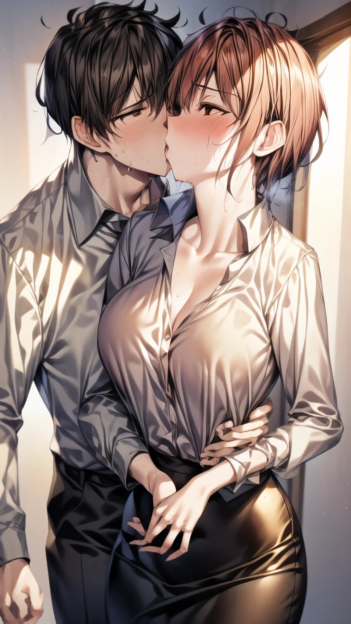 (Ultra High Quality,ultra high definition,16k,Super Masterpiece,Ultra HD ,detailed shading and background,)Sexy Wife,Orange hair put together,sexy white long sleeve shirt,Chest Valley,pencil skirt, sweaty,blushes,Kissing a man,