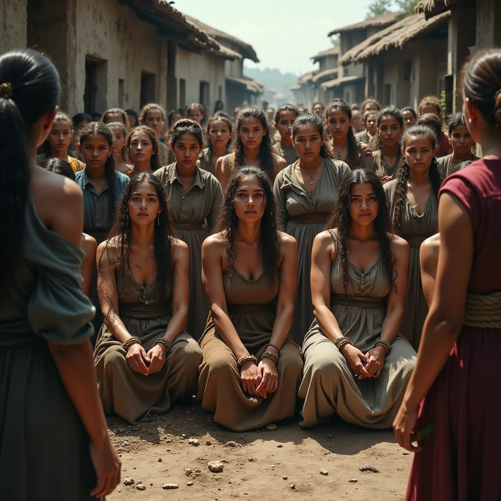south of Italy, rural hinterland, summer heat, young slave women and girls from conquered barbarian tribes,slaves working in the field, sweat streaming down their tanned bodies, dirty, not washed for a long time, sweaty dressed in pathetic sackcloth rags barely covering their hips and ass, with huge cleavage revealing a woman's breasts, bare, sweaty, unwashed hair carelessly cut and tied in a ponytail or braided into a short braid, beautiful but exhausted by hard labor faces, stupefied from work, iron collars in the form of a riveted hoop around their necks, slave brands in the form of Latin letters "S" or "F" on their hips and shoulders, beaten and intimidated resigned to his fate.Hyperrealism, real photo, many details of costume, metal, fabric