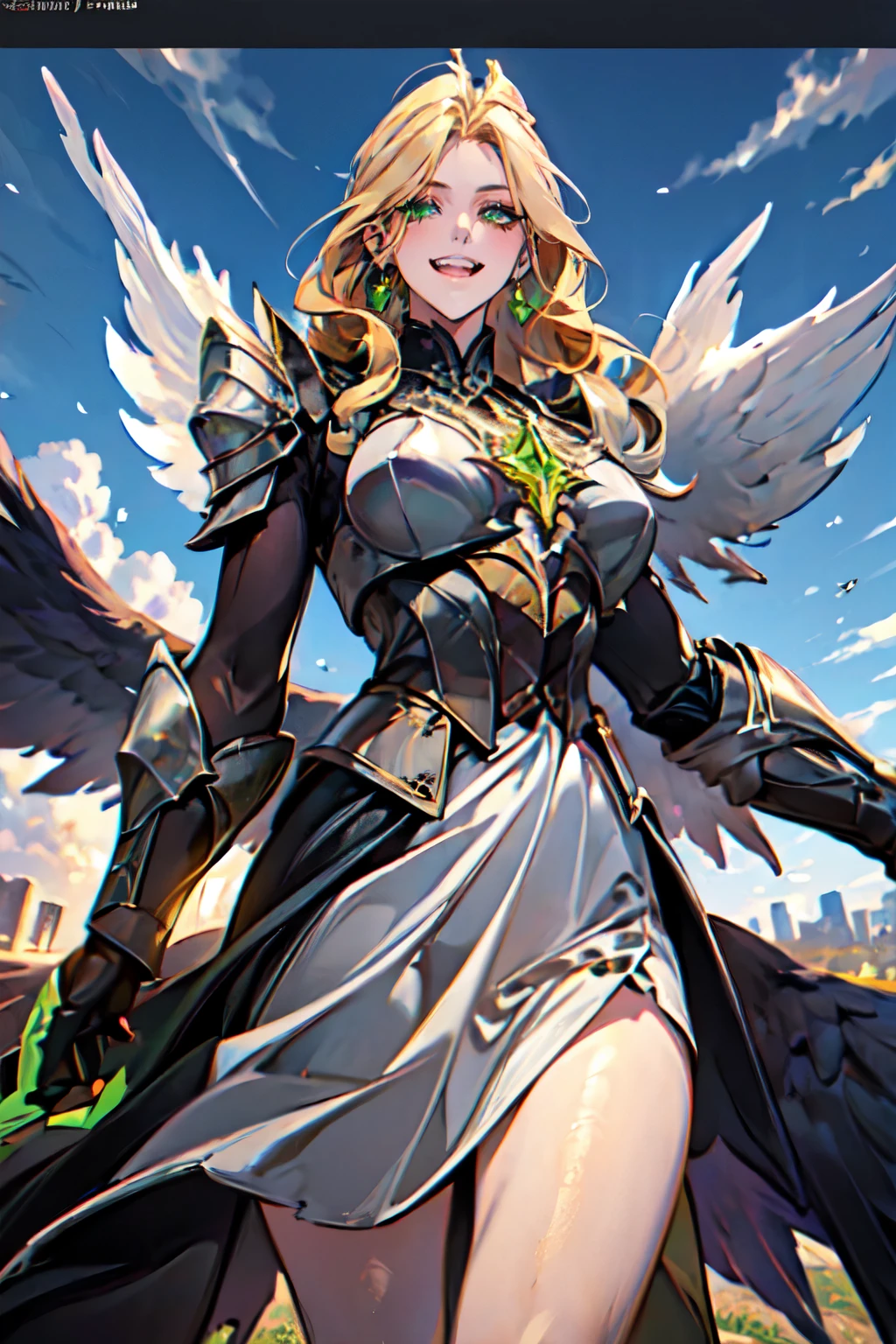 (masterpiece, best quality:1.2), 1girl, solo , emel , black wings , very long hair , green eyes , blonde hair , green crystal on chest , black armor , , earrings , , , outdoors background , , fangs , , black feathers , , , yellow hair , laughing , open mouth , taunting , , smirk , grin , , taunting , chain , , from below , hand pose , pointing , messy hair , thigh , , sky , clouds , blue sky , full body , skirt , full body , dress , movie poster , title , big text , magazine , ARGUS BIG TEXT , fighting , wars , action pose ,