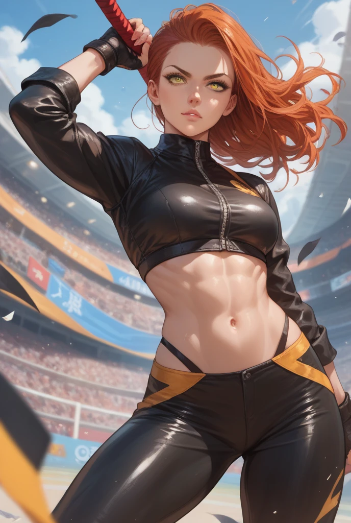 Long hair, red hair, yellow eyes, crop top, abs, torn shorts, smile, short jacket, big breasts