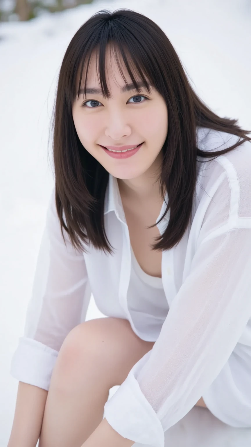 (((One girl,alone))),(Highly realistic photos, High resolution, Detailed face, Beautiful Eyes) Japanese women, 21 years old, Cute face, alone:1, Nice body, Medium chest, ,Hairstyle, Very closely tied, Take a photo book,Thighs、Dark Sky、darkness、Blade Runner,shirt、Leg spread,Healthy Body,smile