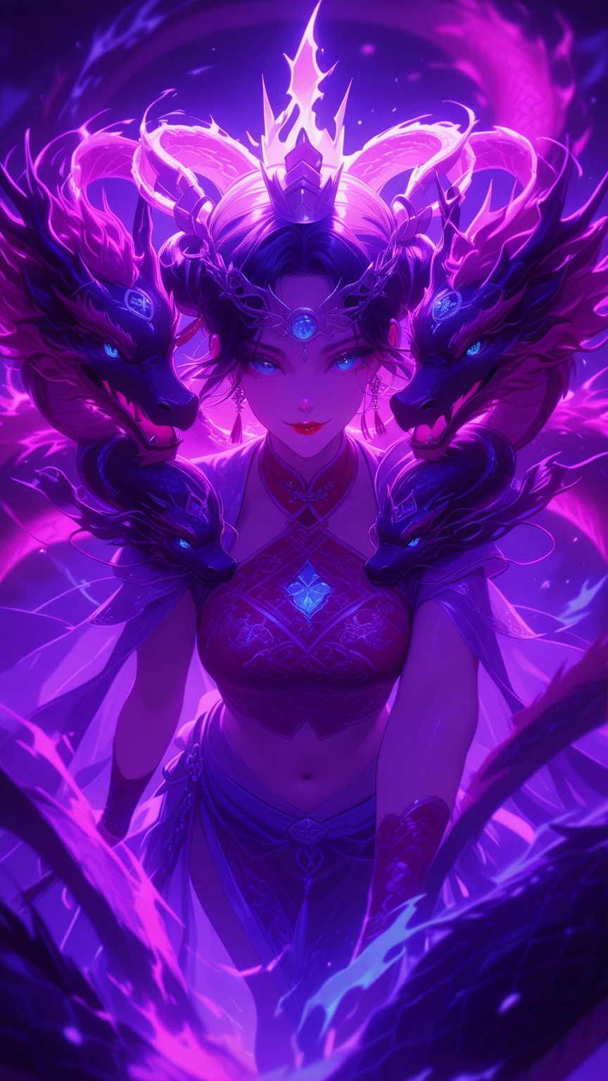 This work must be very long、Unbeatable masterpiece，depicts a mysterious Japanese girl，Mystical image of purple Chinese dragon，Inside your body, a non-humanoid entity that radiates glowing purple energy..，The girl wanted to show this part of the surreal scene to the camera。The shadows depicted must have an extraordinary sense of realism，