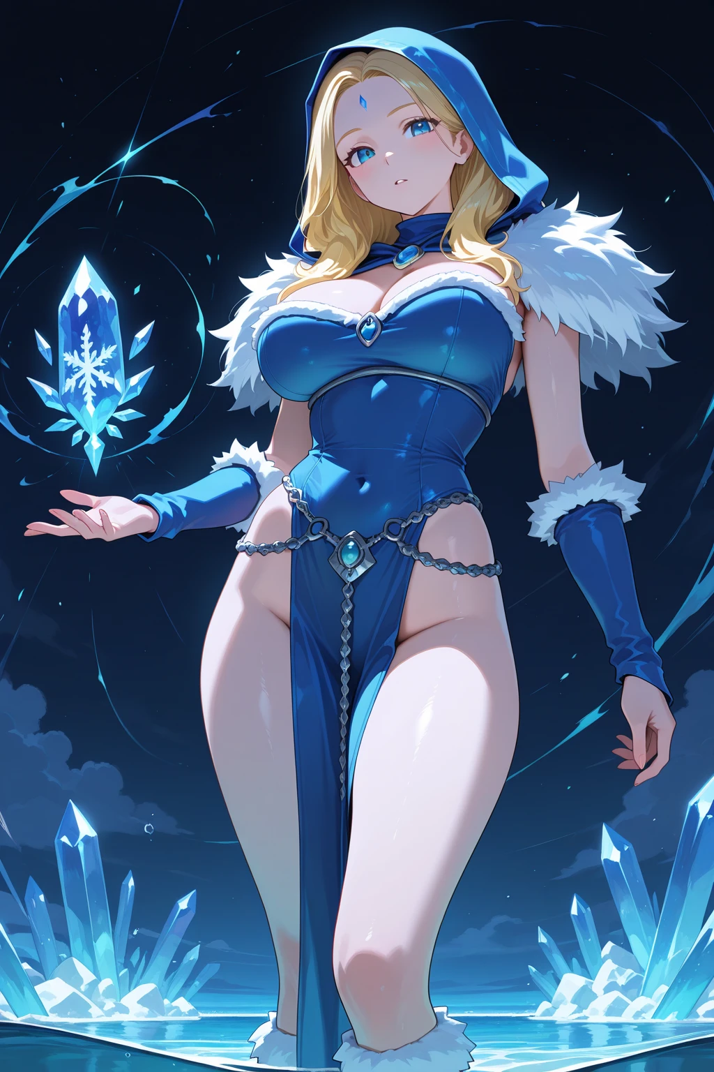 female, solo, young, sexy body, voluptuous figure, tightsuit, white hair, decolored blonde hair, ice effects around, ice queen, beautifull face, long hair, defined body, yellow and bright eyes, thick legs, strong legs, tall, Voluptuous legs, huge ass, big hip, big ass, female sorcerer, blue and black robes,