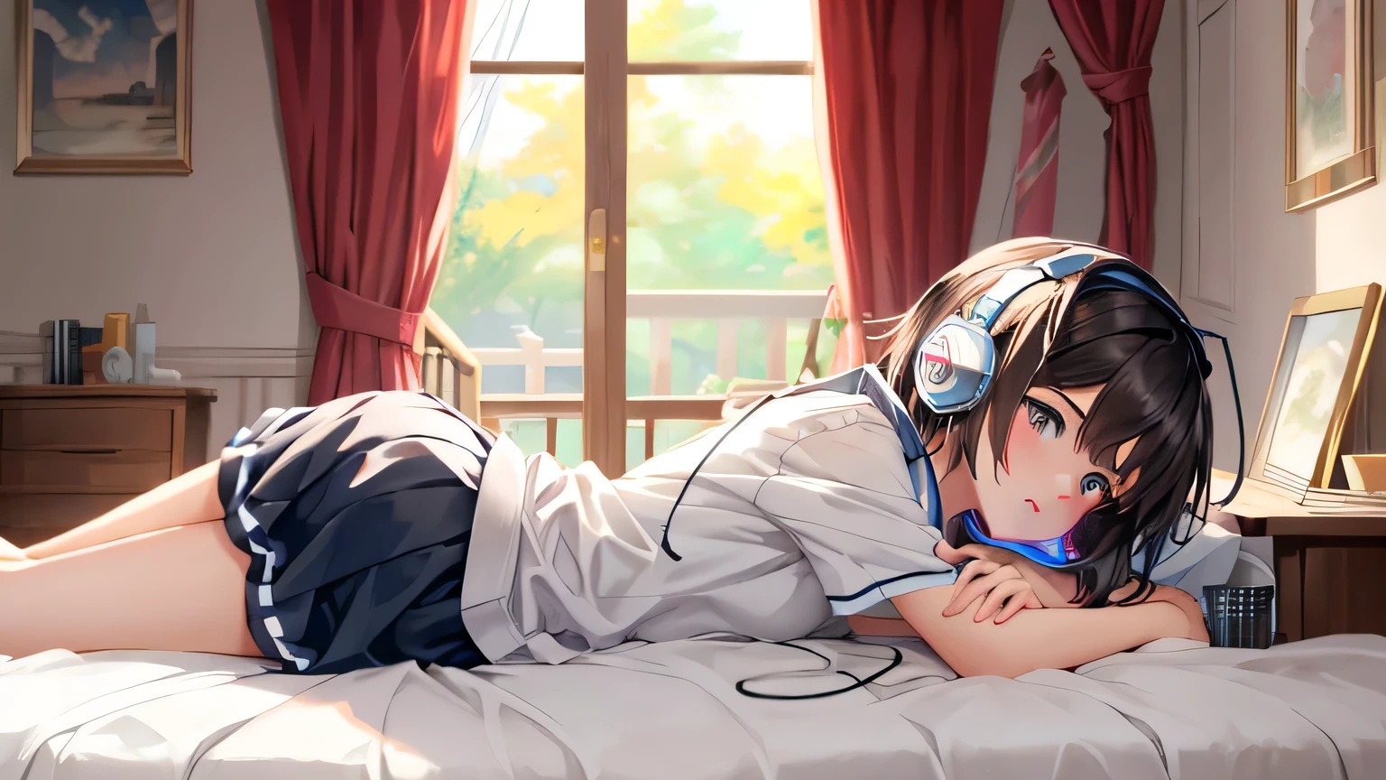 Anime girl lying on bed with headphones in her room, Lofi Artstyle, inspired By Atey Gairan, By Atey Gairan, Makoto Shinkai Cyril Rolland, Atei Gailan Style, Atei Gailan 8K, Lo-fi Girl, Lofi Art, Colorful anime movie background, Lo-fi feeling, Beautiful anime scene
