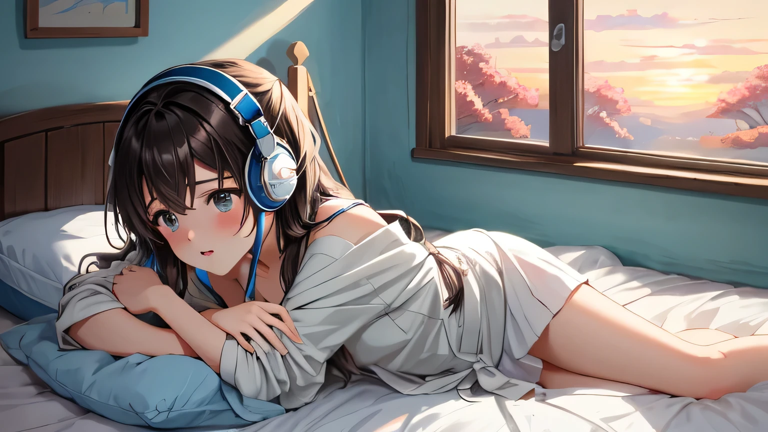 Girl listening to music in a cozy room at night, Use headphones, 2D anime style, Truly, Dark environment、Emo,Warm atmosphere, lying on the bed,orange backlight