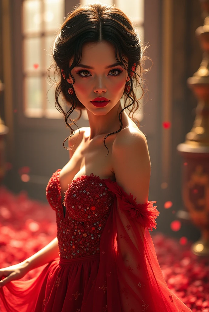best quality ,masterpiece, illustration, an extremely delicate and beautiful, extremely detailed ,CG ,unity ,8k wallpaper, Amazing, finely detail, masterpiece, best quality, official art, extremely detailed CG unity 8k wallpaper, ultra-detailed, highres, extremely detailed, ((1girl holding a beautiful detailed (red rose))), extremely detailed petals, droplets on petals, refraction, glaring, depth of field, ((large fire across the background)), red dress on fire, garland of roses, hair piece with roses, perfect face, perfect anatomy, beautiful features, beautiful eyes, well proportioned