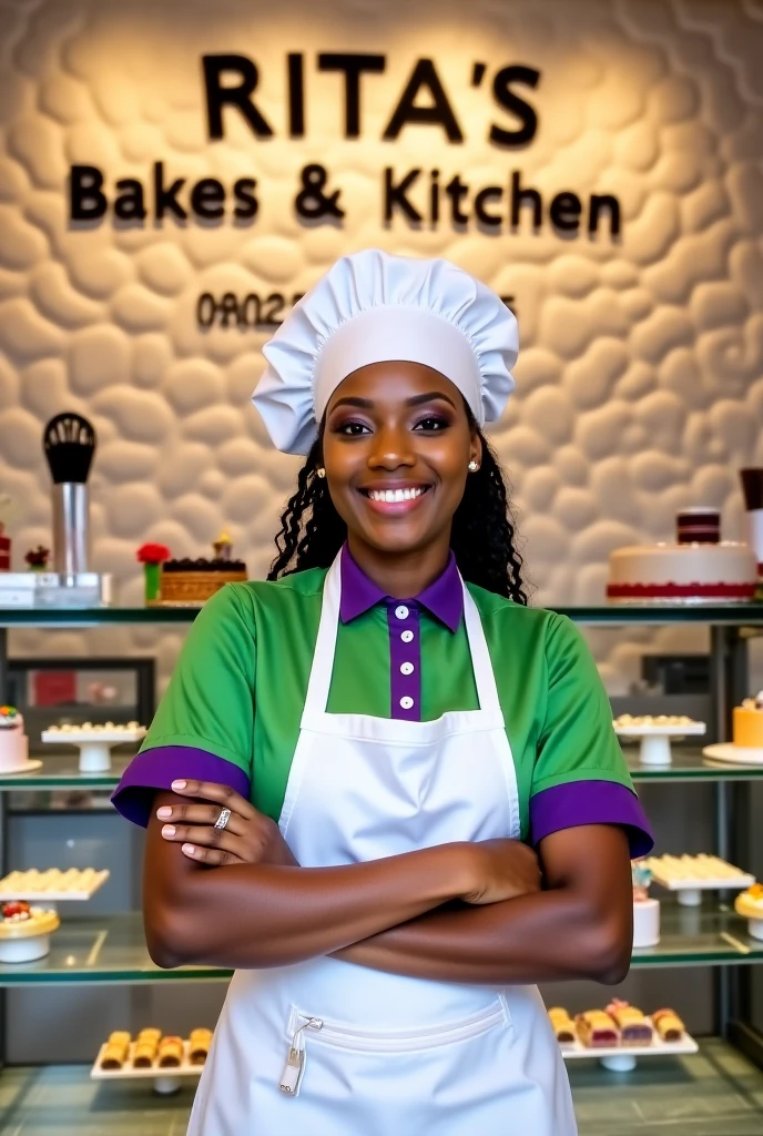 A black well built lady wearing hijab on black t-shirt in a catering food shop with rice and meat on the table with Zara Catering Services inscribed on the wall