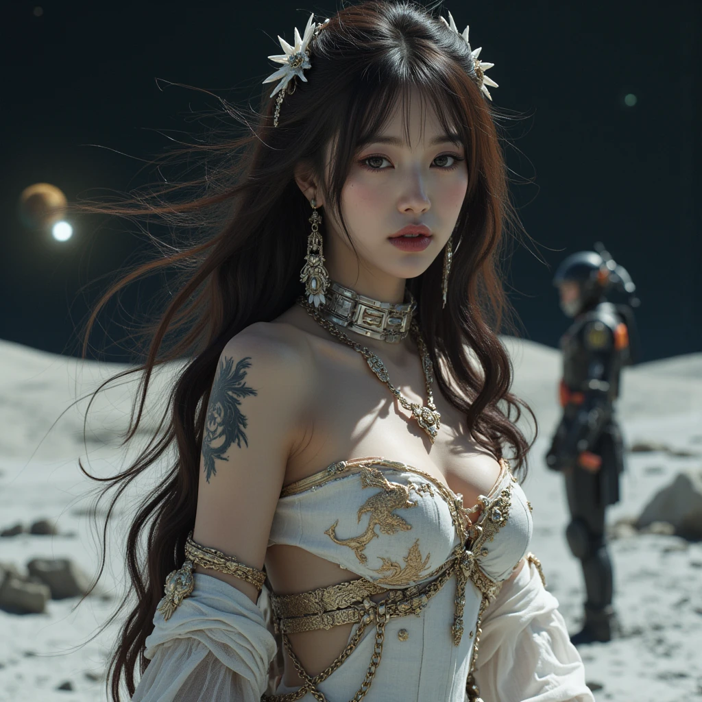(masterpiece:1.3) , (perfect anatomy:1.2) , 32k UHD resolution, (best quality:1.2) , RAW, vibrant, (realistic photo:1.2) , (professional photography:1.2) , (highly details:1.2) , depth of field, (beautiful woman:1.2) , (Celestial Elegance Ensemble:1.2) , (Galactic-inspired Fabric Patterns:1.1) , (Starlight Sequin Embellishments:1.2) , (Extravagant Moonlit Train:1.1) , (Celestial Halo Headpiece:1.2) , (Ethereal Glow Fabric:1.1) , (Abstract Constellation Embroidery:1.1) , (Luxurious Nebula Palette:1.2) , (Stellar Runway Pose:1.1) , (Cosmic Atmosphere:1.2) , Korean fantasy. Make the backround look like the outer space.
