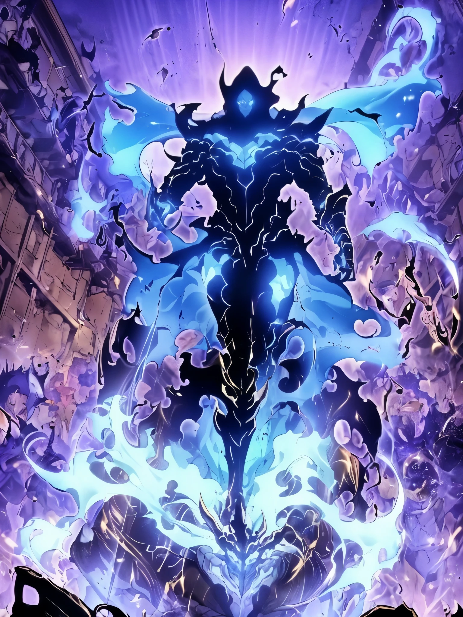 ultra HD 8k best quality,ultra-detailed,realistic:1.37,portrait,dark fantasy,anime,solo leveling,heroic character, one boy,Brown eyes, Brown hair, overcoat with hood, sharp focus,magical powers,mysterious aura,dynamic pose,threatening expression,glowing eyes,demonic presence,grim reaper cloak,detailed armor,enchanted weapon,dark background,eerie lighting,blue color palette,smoke effects,action scene,high contrast,fluid brush strokes,masterpiece:1.2