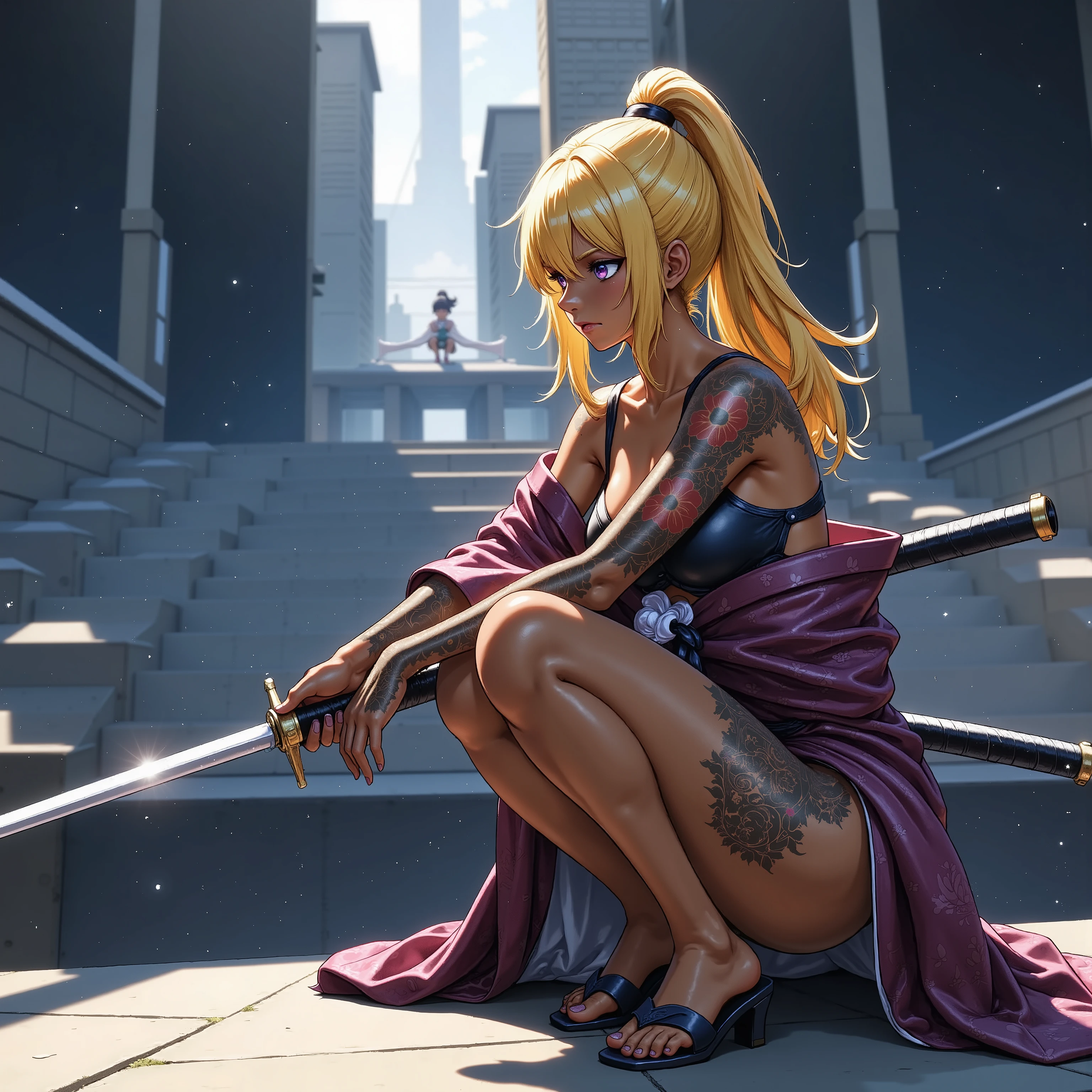Female ninja looking out over town, Japanese sword, Sengoku Warlord Armor, matte brown skin, small breasts, video, yellow hair, invitation, top quality, textured skin, Read more, high heels, movie light effect, Summit, Big City Night View