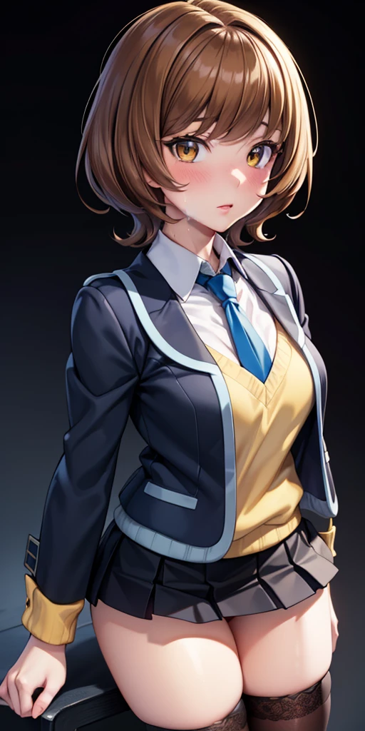 1 Female,High definition,high resolution,Ultra-realistic,8K, hmza, short hair, antenna hair, brown eyes, , blue necktie, (black jacket), yellow shirt,long sleeves,( black skirt),tight skirt , miniskirt,European,sexy,Upper body close-up,Photographed from the front,Dynamic Angles,blush, (big tits  ), happy, wink the eye,facial, sweat ,(wide thighs:1.4),(white panties),(show panties),(pubic hair),(cameltoe)