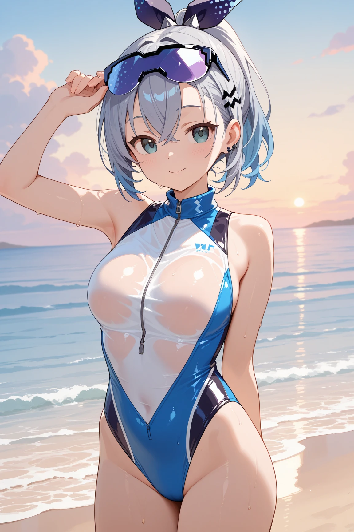 anime girl silver wolf swimming suit wet on the beach Big boobs