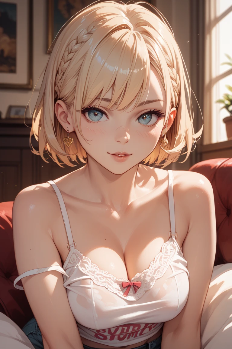30 years old woman, milf, beautiful, short blonde hair, crimson eyes, pale white skin, amazing Body, big breasts, thick thighs, milkmaid, super micro small transparent open dress, without bra, pose simple, blurred background. No blur lines, perfect lines and details, (masterpiece), clothes barely covers her skin. No panties, perfect detailed colors and shadows, full body picture. Erotic woman, ((half naked)), most erotic and sexy girl on the planet, nsfw, most beautiful face, deep cameltoe, showing nipples